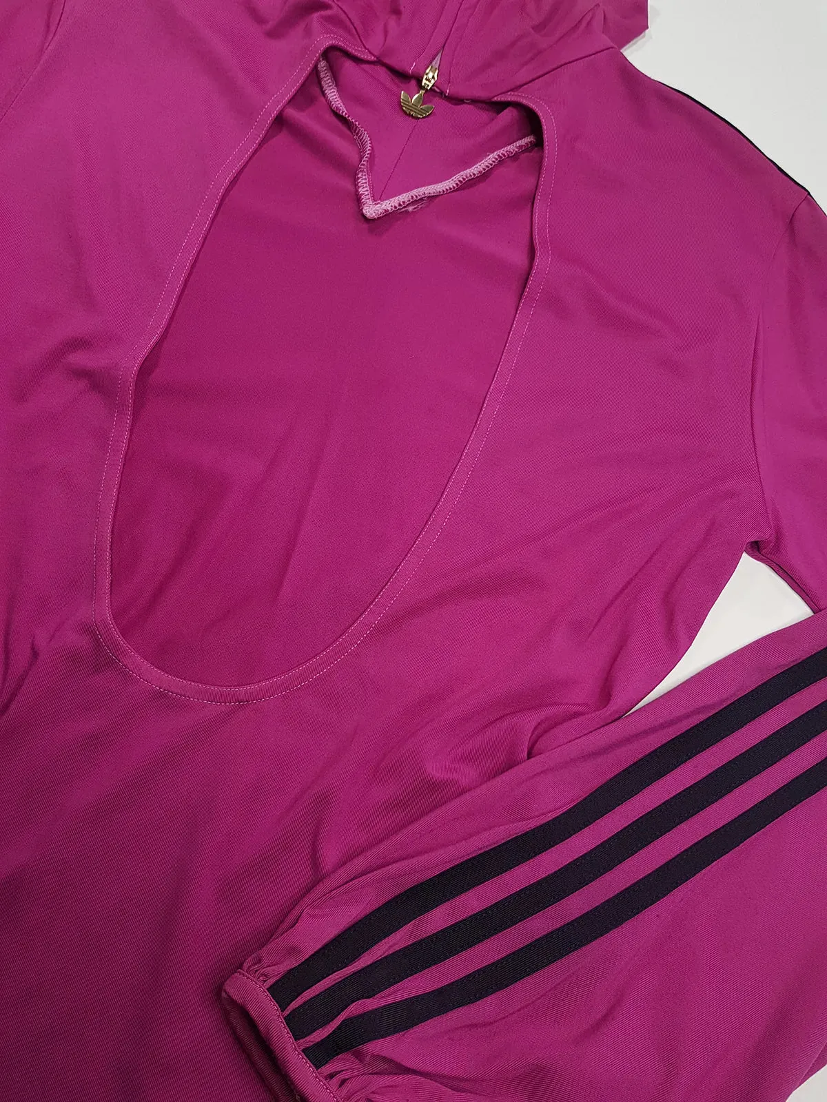 2000s Authentic Adidas Sexy Backless Pilates Princess Vintage Berry Pink Tailored Top with Gold Hardware & Black Striping