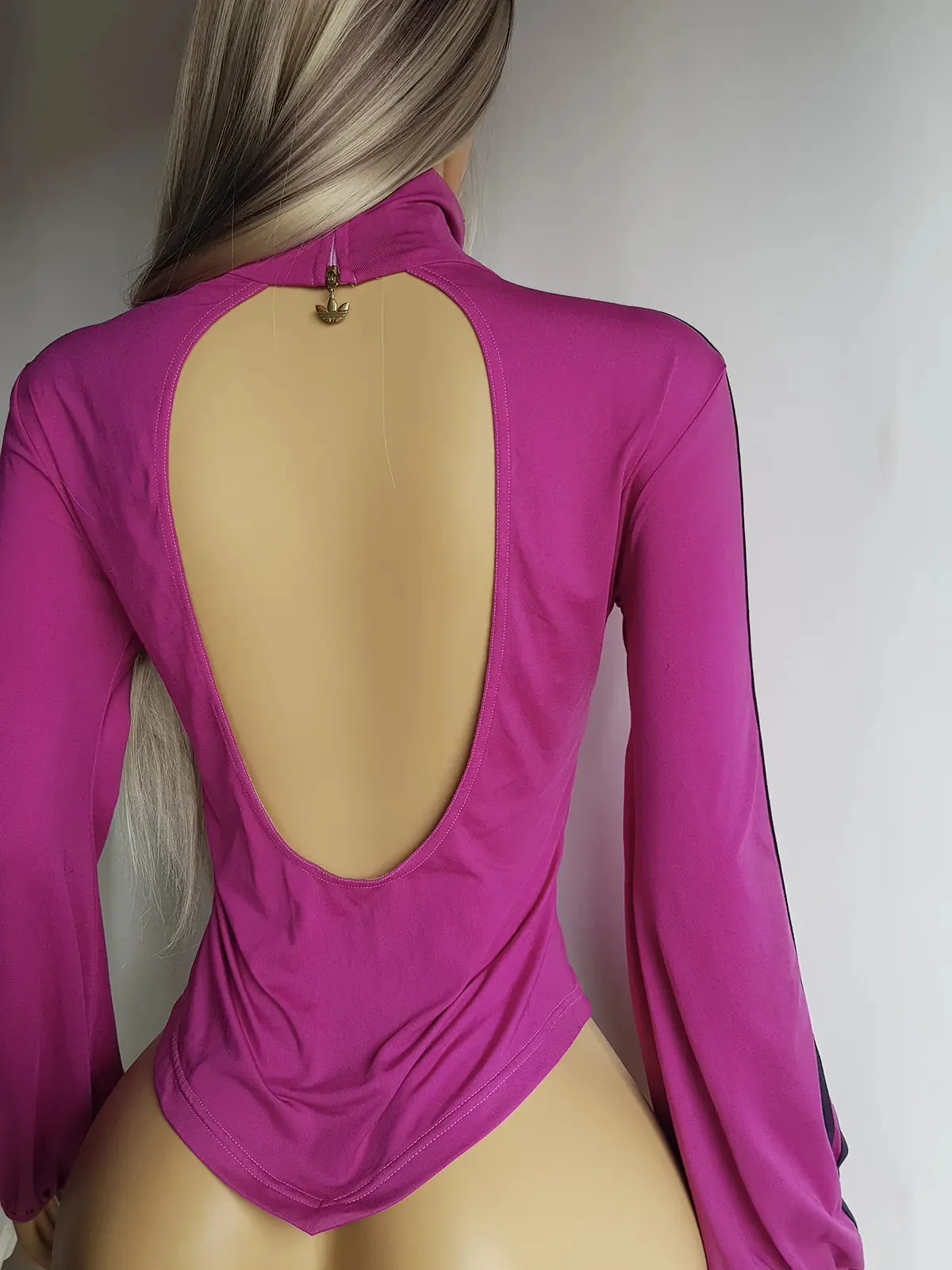 2000s Authentic Adidas Sexy Backless Pilates Princess Vintage Berry Pink Tailored Top with Gold Hardware & Black Striping