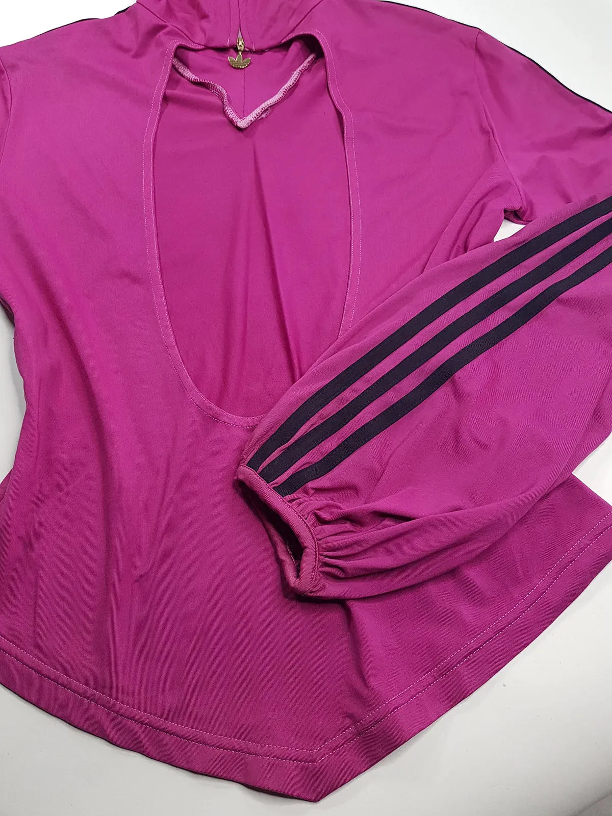 2000s Authentic Adidas Sexy Backless Pilates Princess Vintage Berry Pink Tailored Top with Gold Hardware & Black Striping