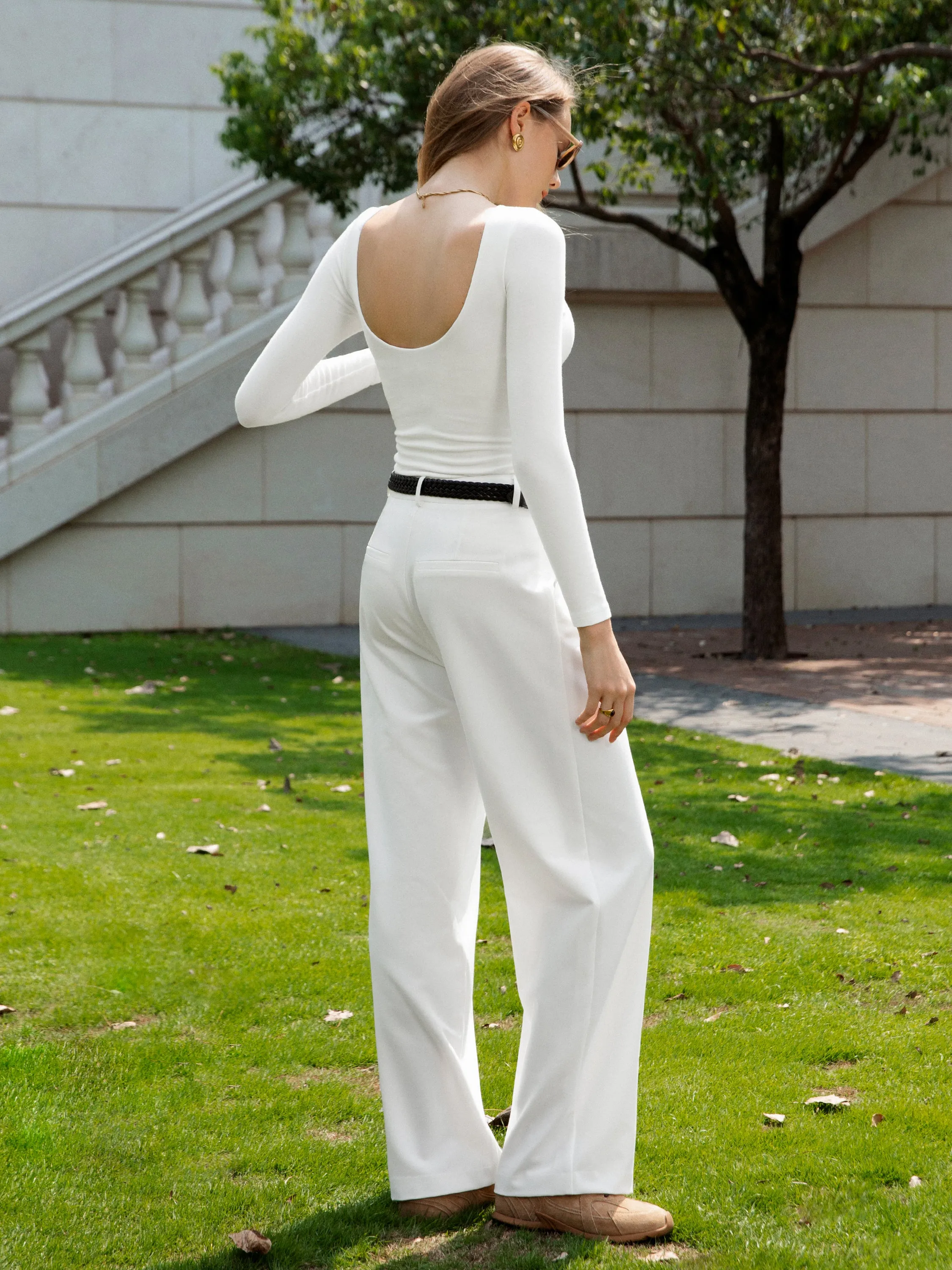 2Pcs Set Open-Back Brami Top & Effortless Wide-leg Tailored Pant