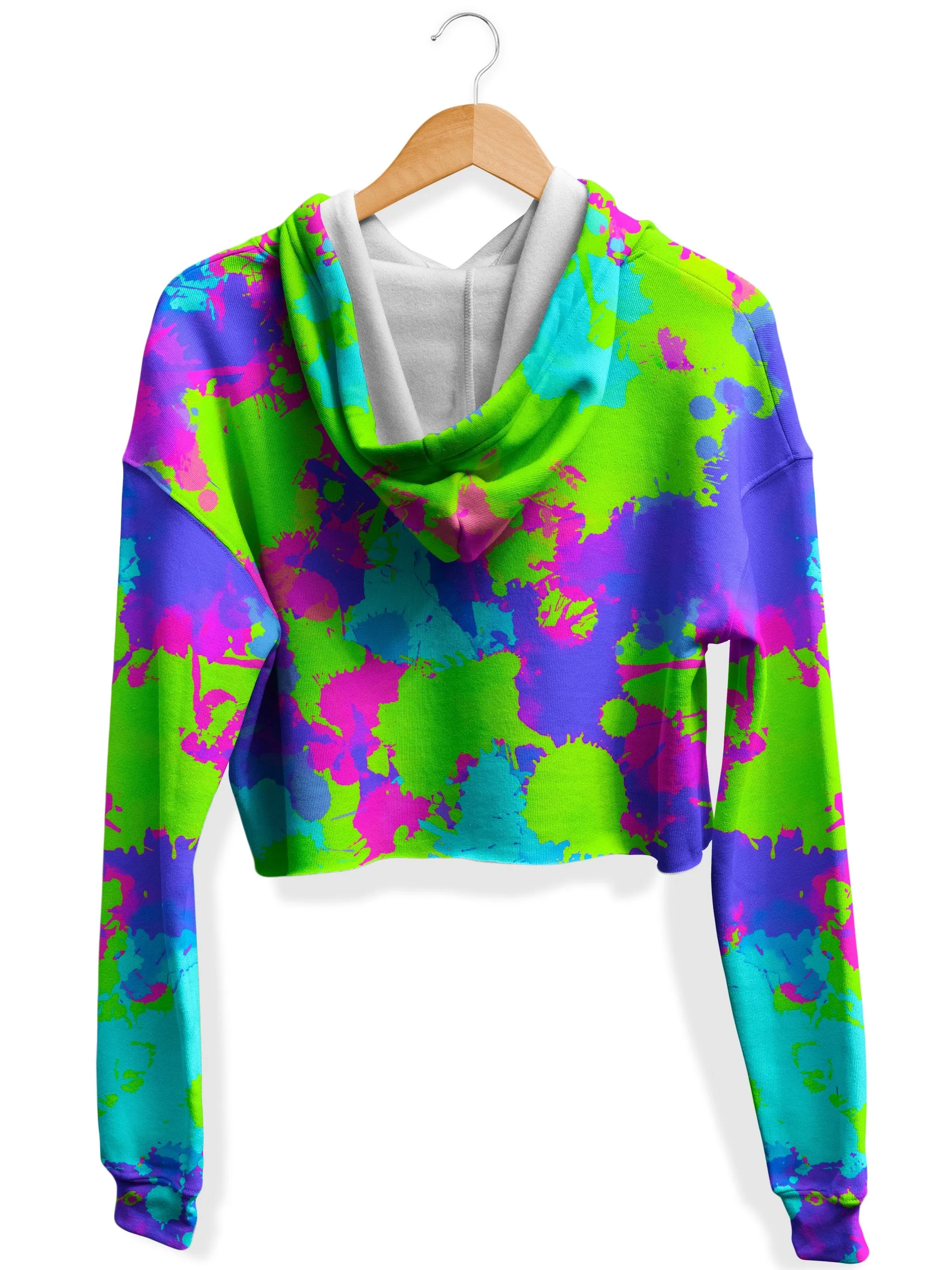 90s Neon Paint Splatter Fleece Crop Hoodie