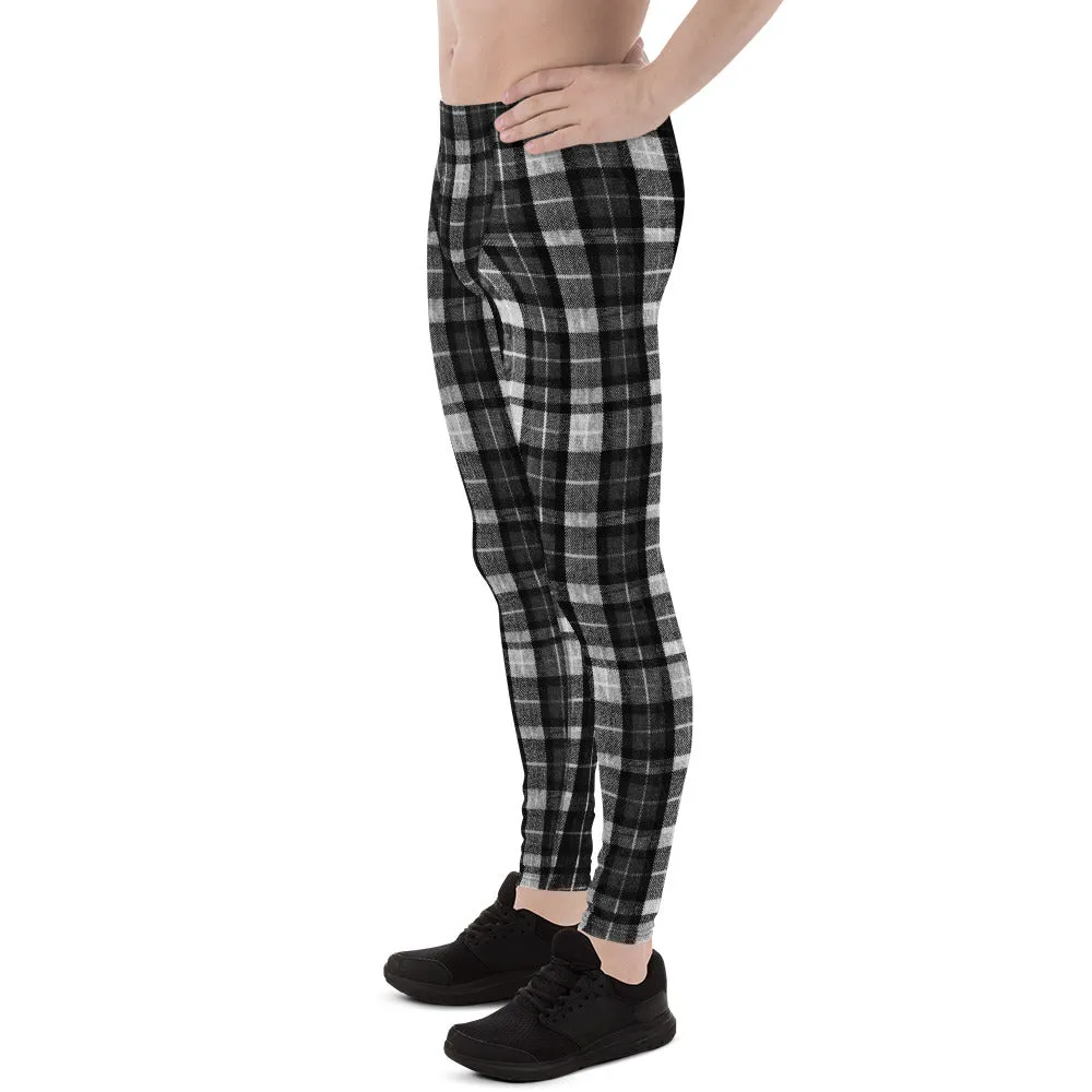 Black Tartan Plaid Meggings, Flexible Men's Running Leggings Run Tights- Made in USA/EU