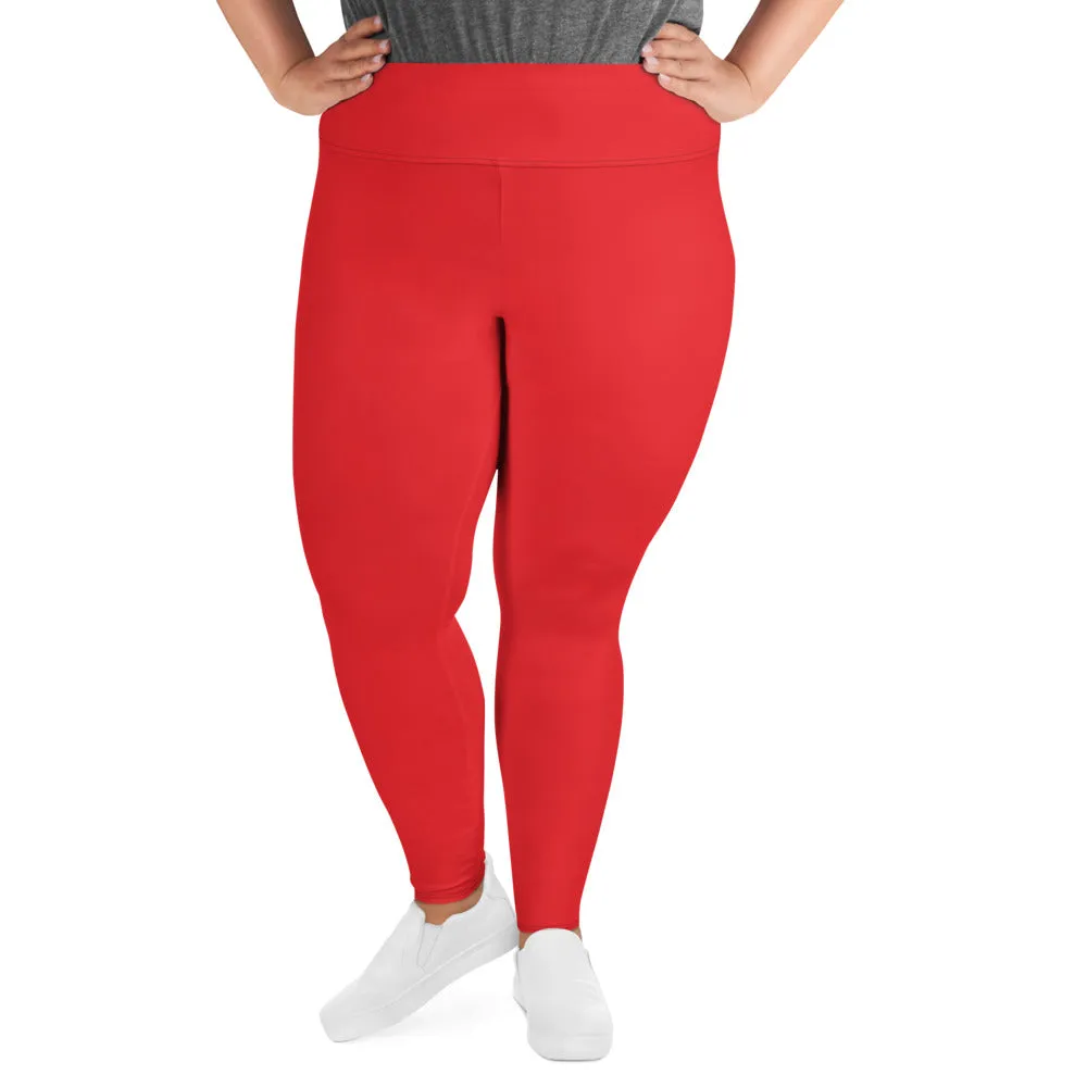 Bright Red Plus Size Leggings, Red Solid Color Women's Yoga Leggings-Made in USA/EU