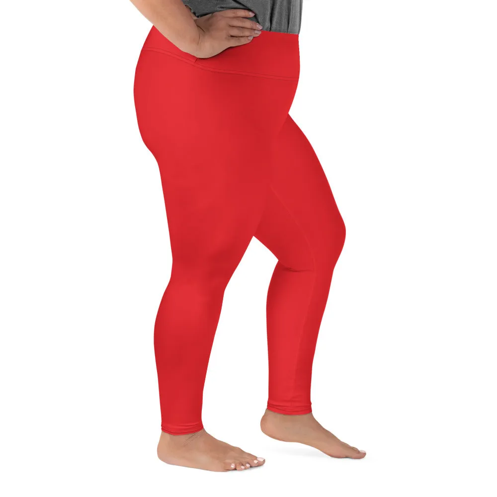 Bright Red Plus Size Leggings, Red Solid Color Women's Yoga Leggings-Made in USA/EU