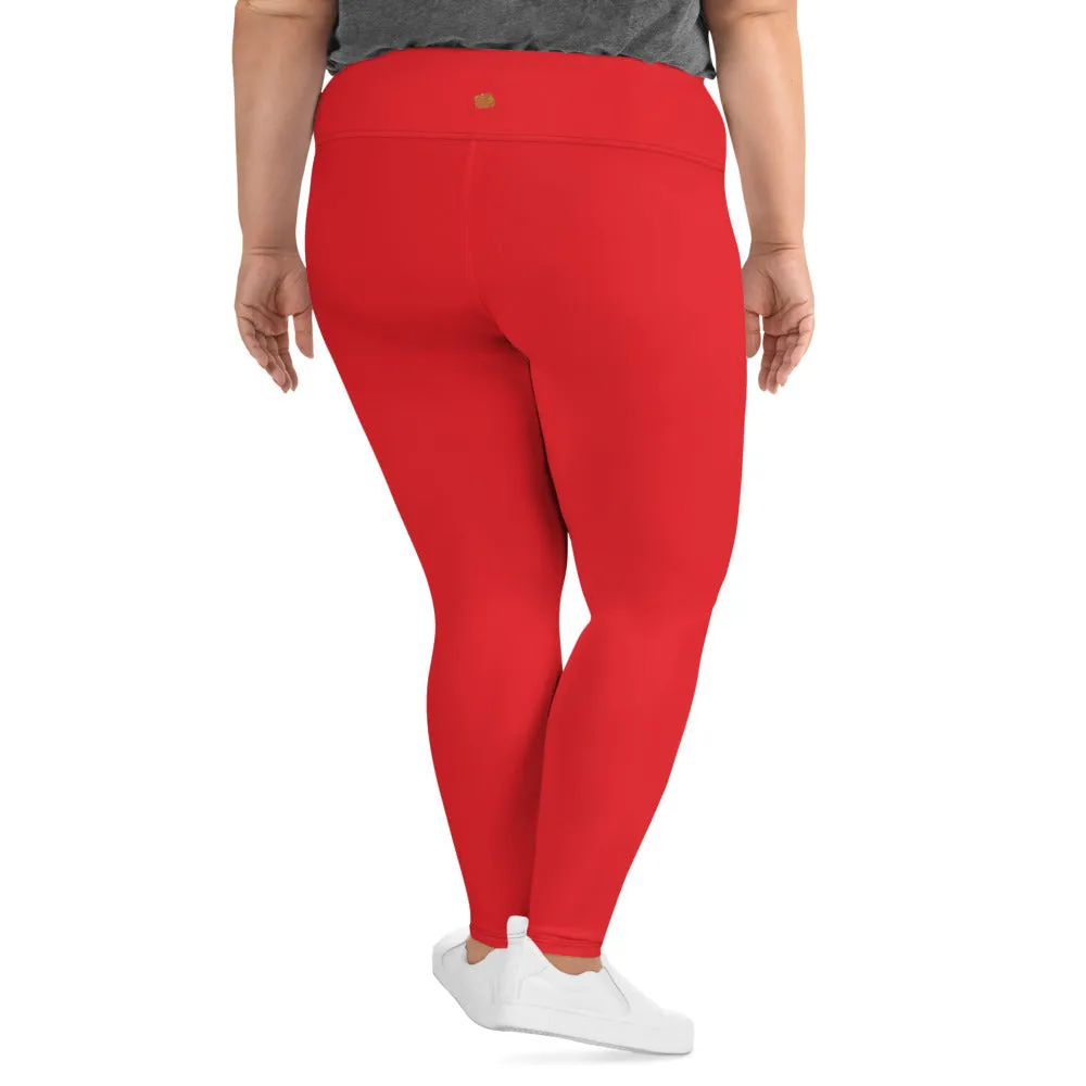 Bright Red Plus Size Leggings, Red Solid Color Women's Yoga Leggings-Made in USA/EU