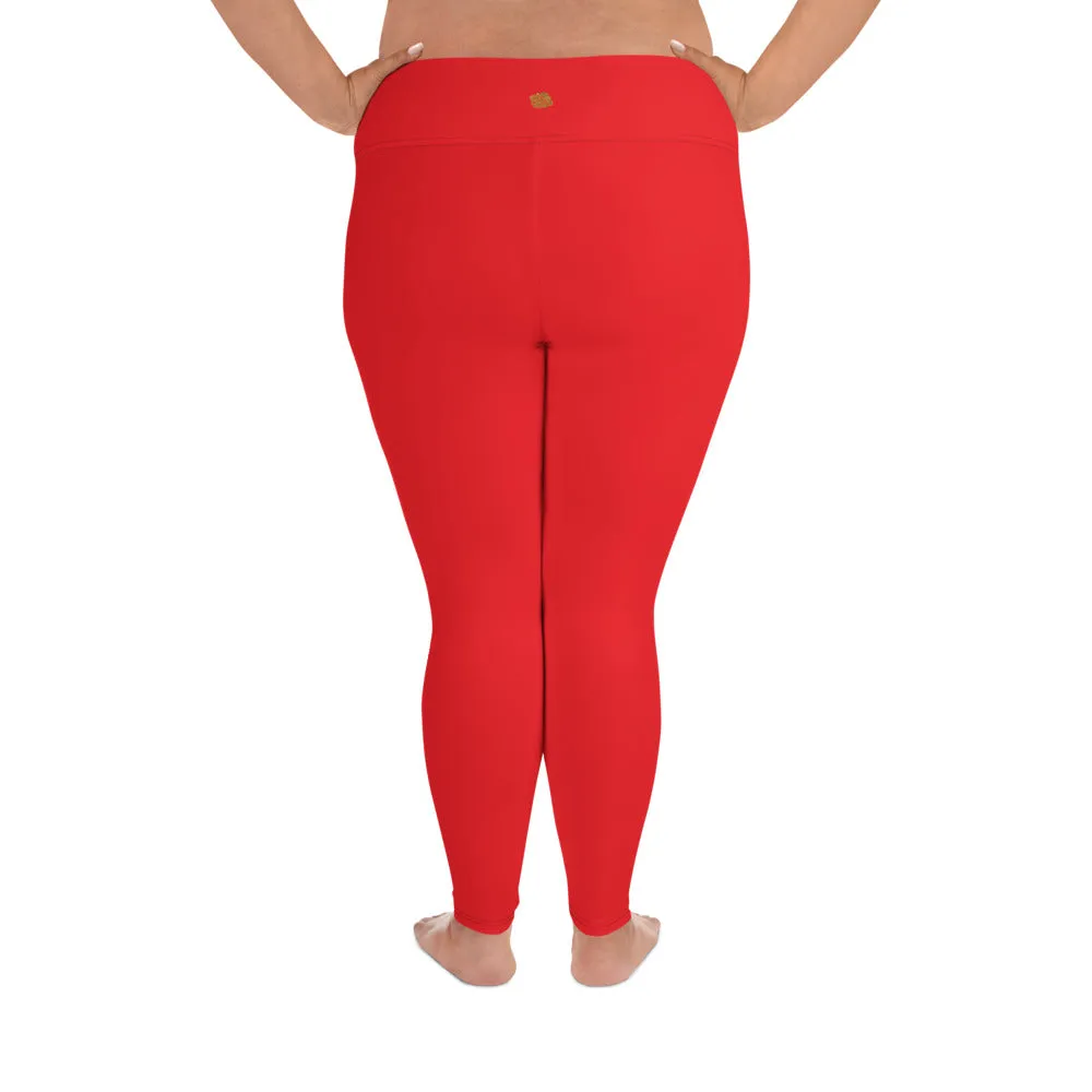 Bright Red Plus Size Leggings, Red Solid Color Women's Yoga Leggings-Made in USA/EU