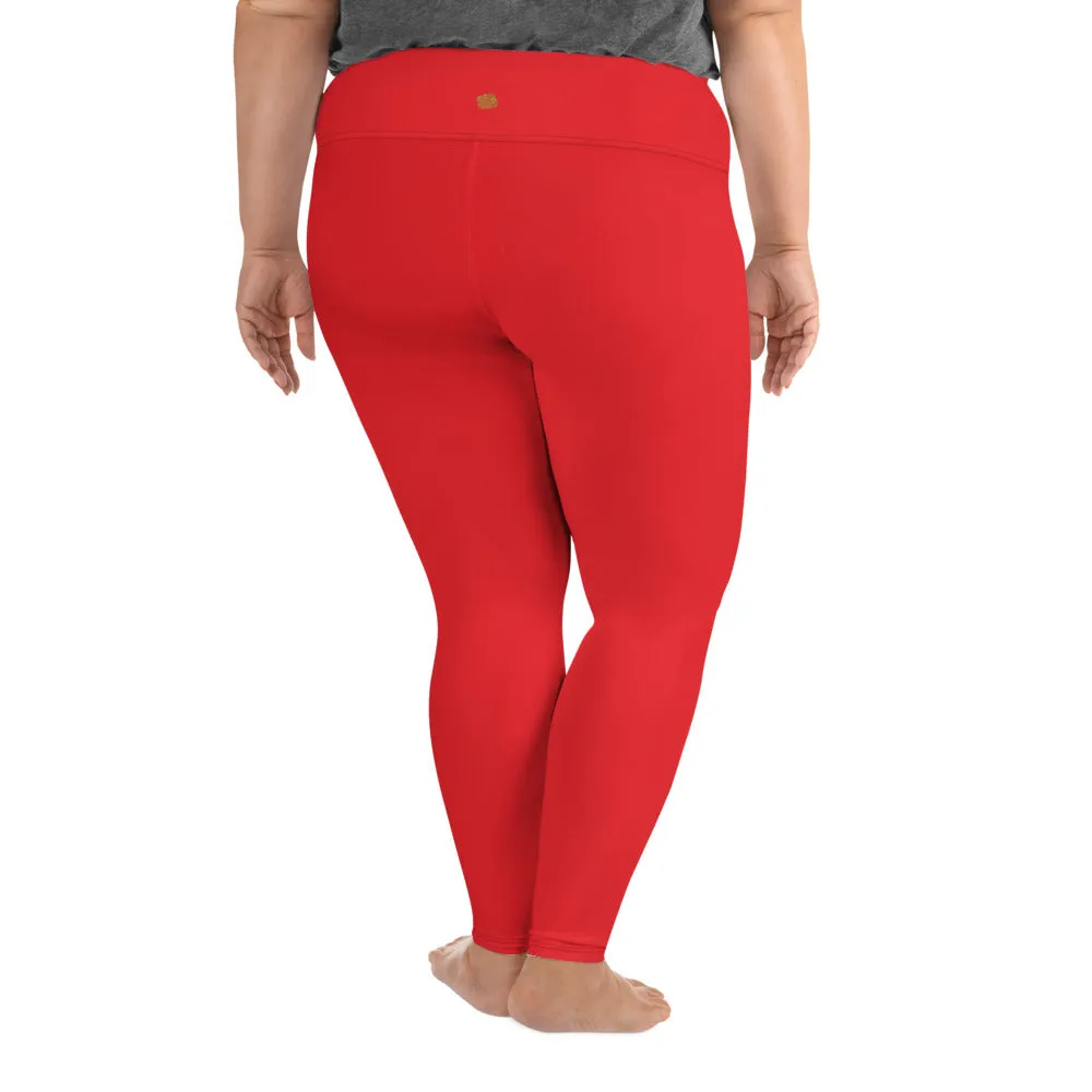 Bright Red Plus Size Leggings, Red Solid Color Women's Yoga Leggings-Made in USA/EU