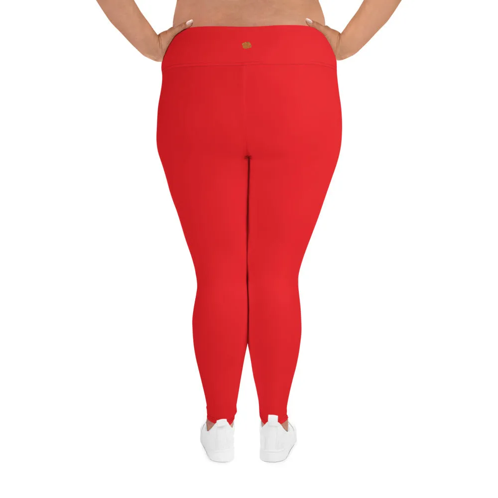 Bright Red Plus Size Leggings, Red Solid Color Women's Yoga Leggings-Made in USA/EU