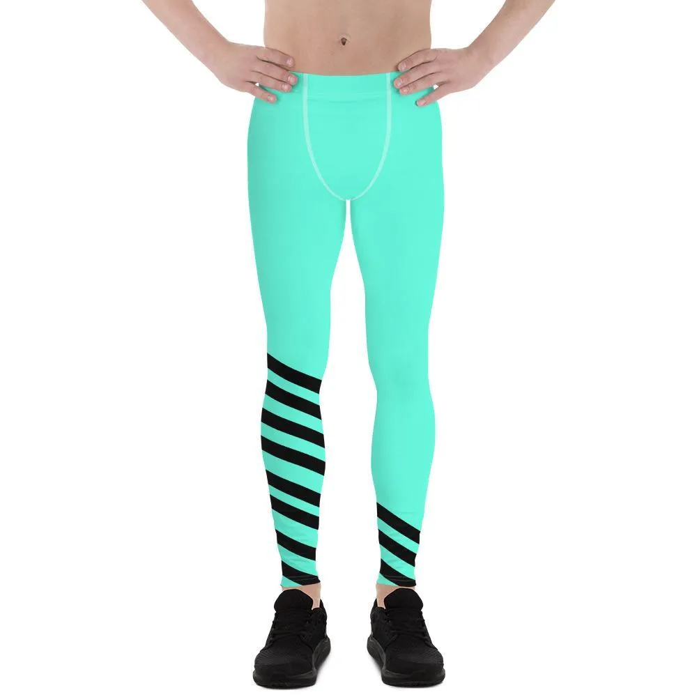 Bright Turquoise Blue Meggings, Black Diagonal Stripe Print Designer Premium Men's Leggings - Made in USA/EU/MX