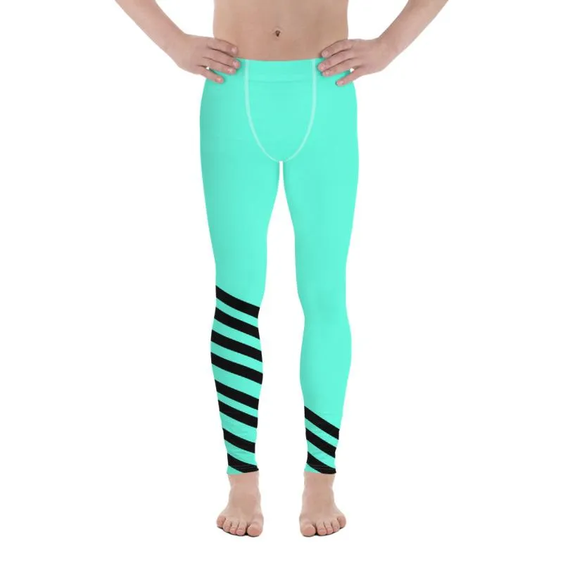 Bright Turquoise Blue Meggings, Black Diagonal Stripe Print Designer Premium Men's Leggings - Made in USA/EU/MX