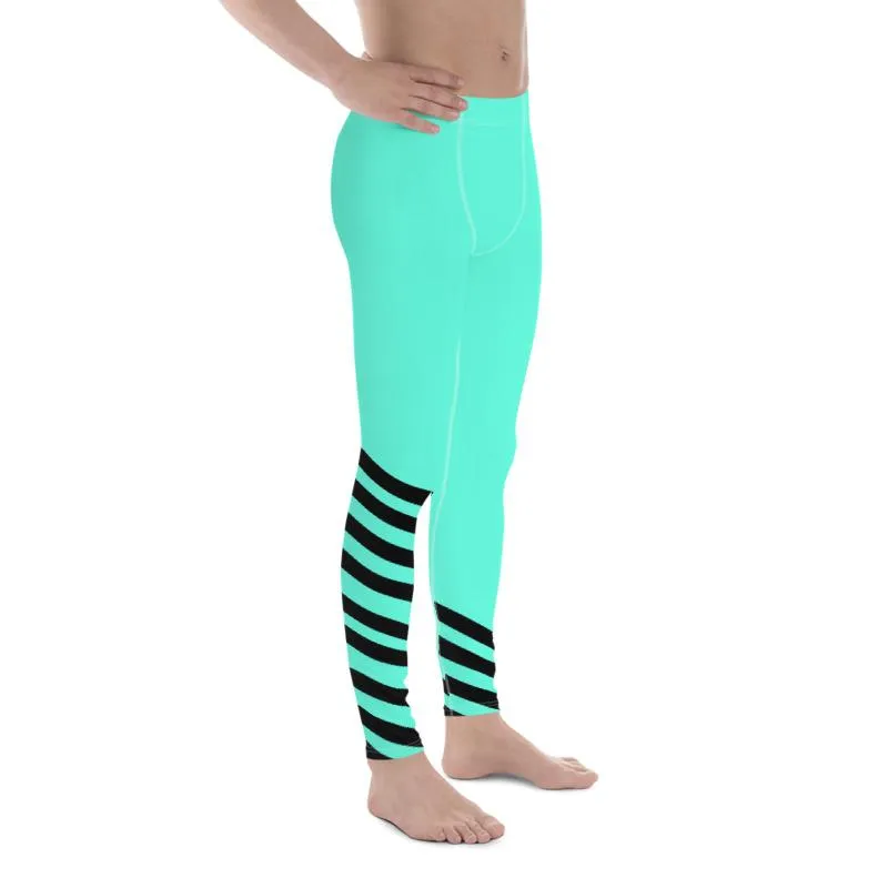 Bright Turquoise Blue Meggings, Black Diagonal Stripe Print Designer Premium Men's Leggings - Made in USA/EU/MX