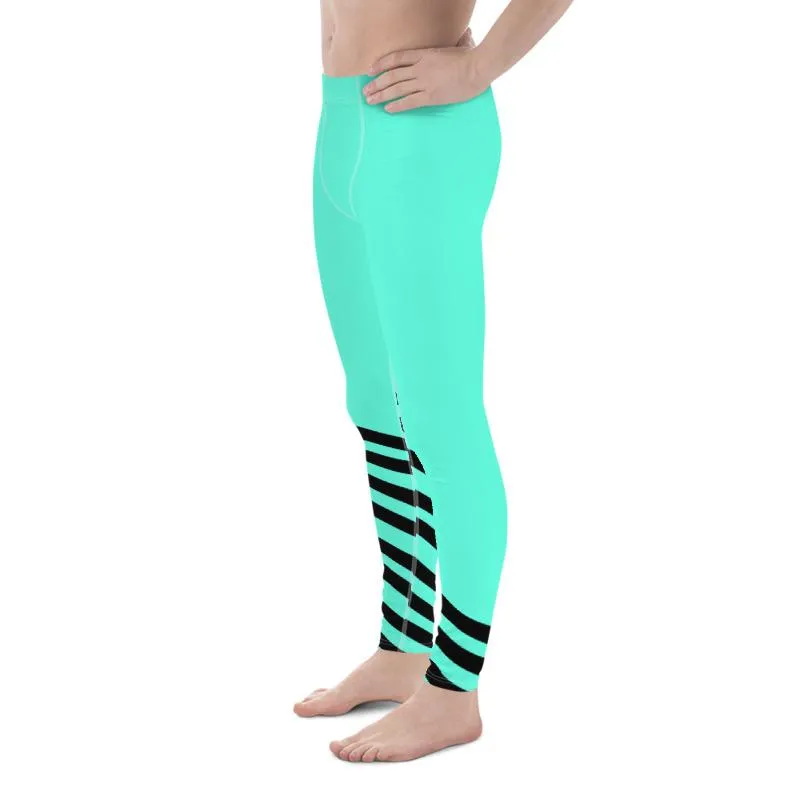 Bright Turquoise Blue Meggings, Black Diagonal Stripe Print Designer Premium Men's Leggings - Made in USA/EU/MX