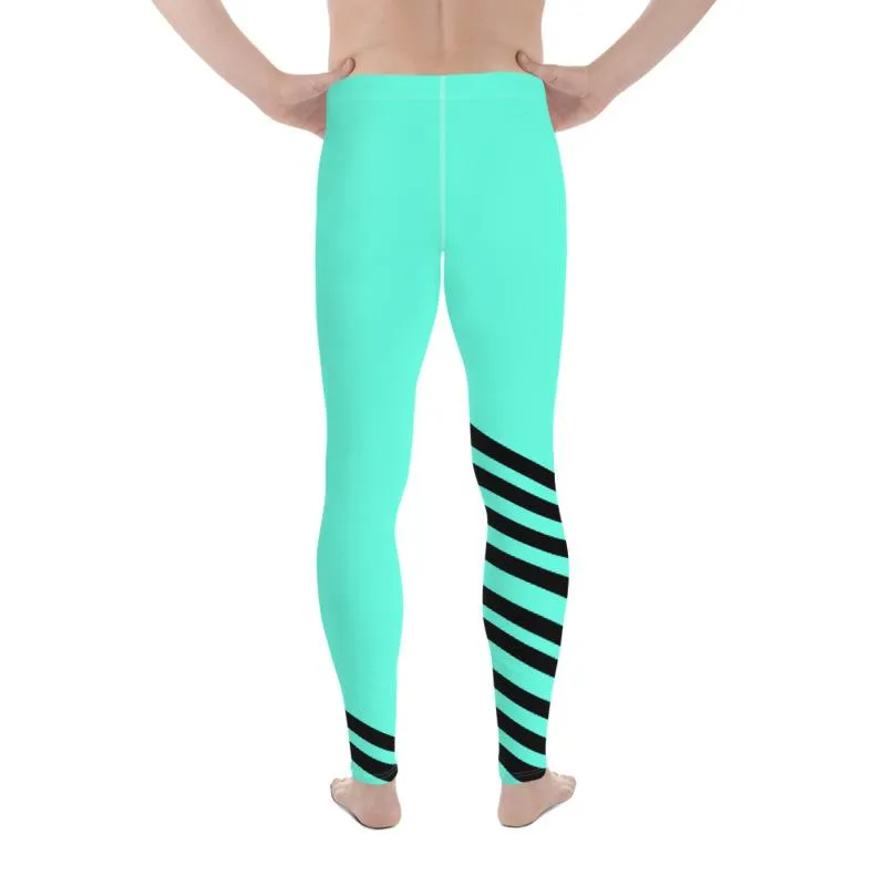 Bright Turquoise Blue Meggings, Black Diagonal Stripe Print Designer Premium Men's Leggings - Made in USA/EU/MX