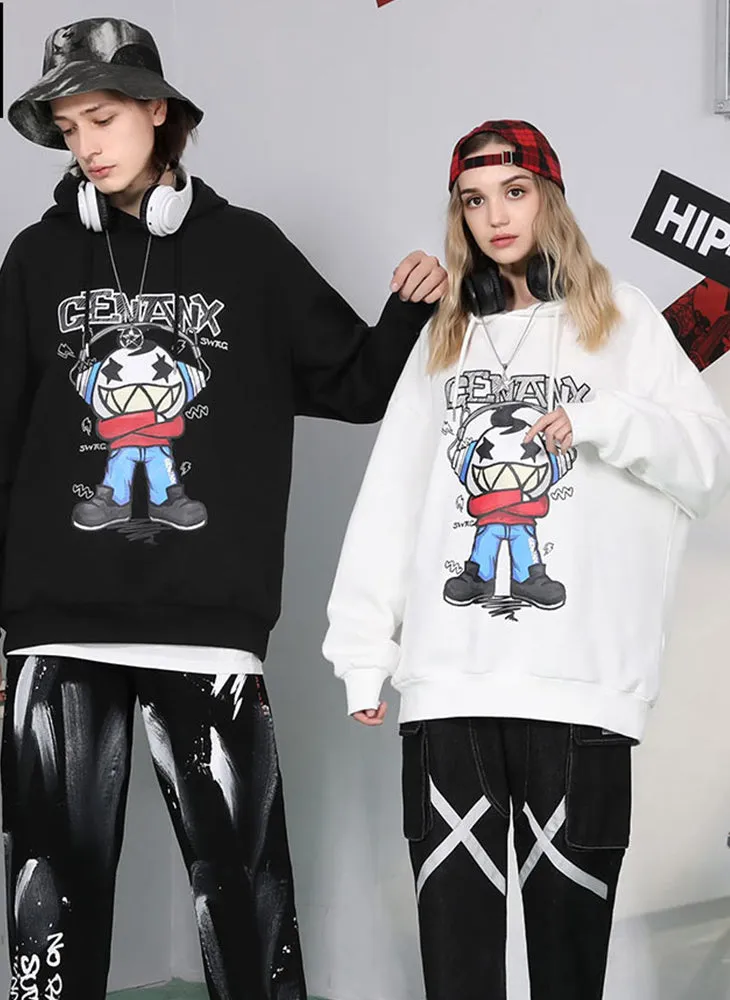 Cartoon Print Drop-Shoulder Sleeve Hoodies