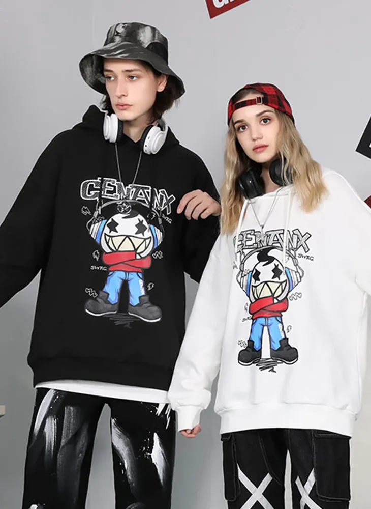 Cartoon Print Drop-Shoulder Sleeve Hoodies