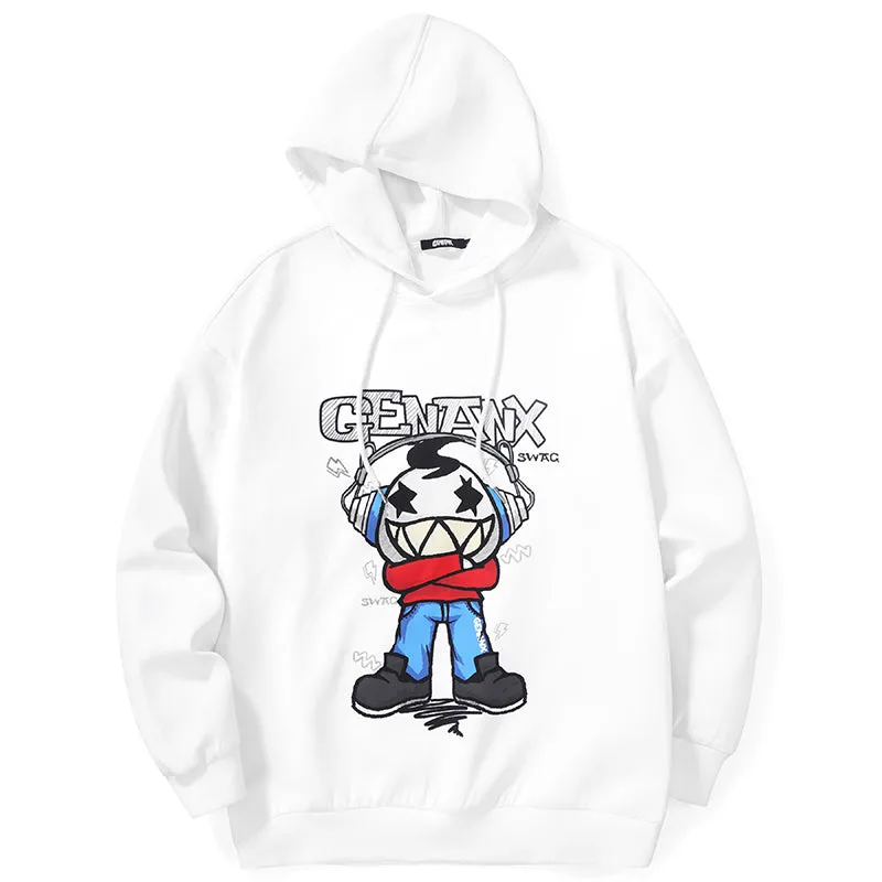 Cartoon Print Drop-Shoulder Sleeve Hoodies