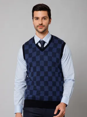 Checkered Navy Blue Sleeveless V Neck Regular Fit Casual Sweater for Men