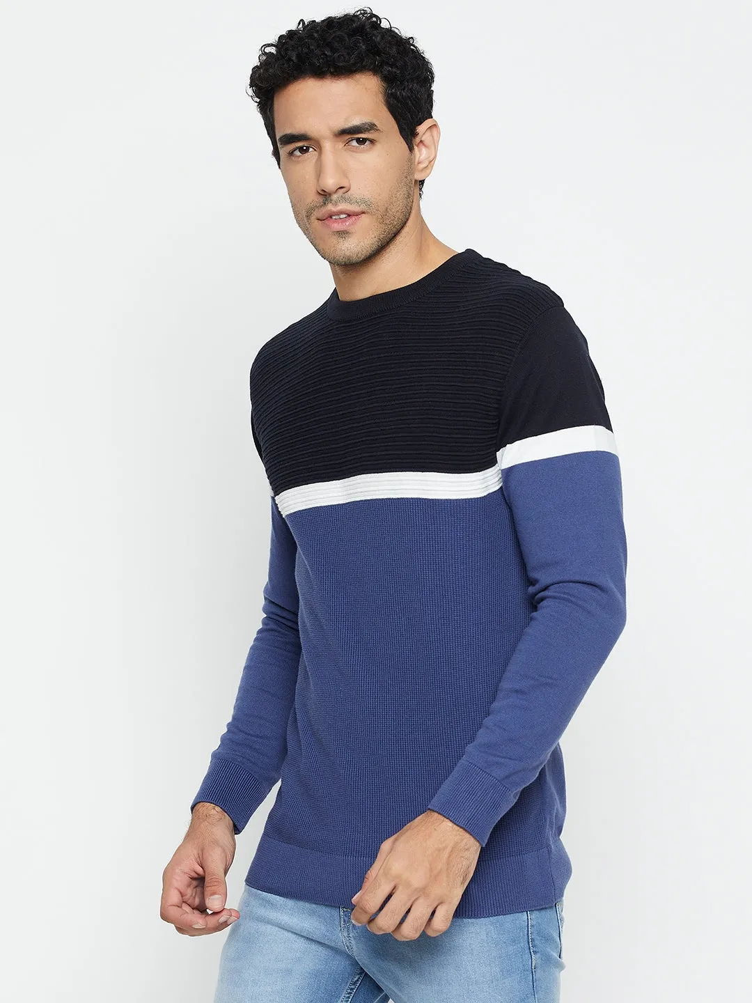 Color Block Blue Full Sleeves Round Neck Regular Fit Casual Sweater for Men