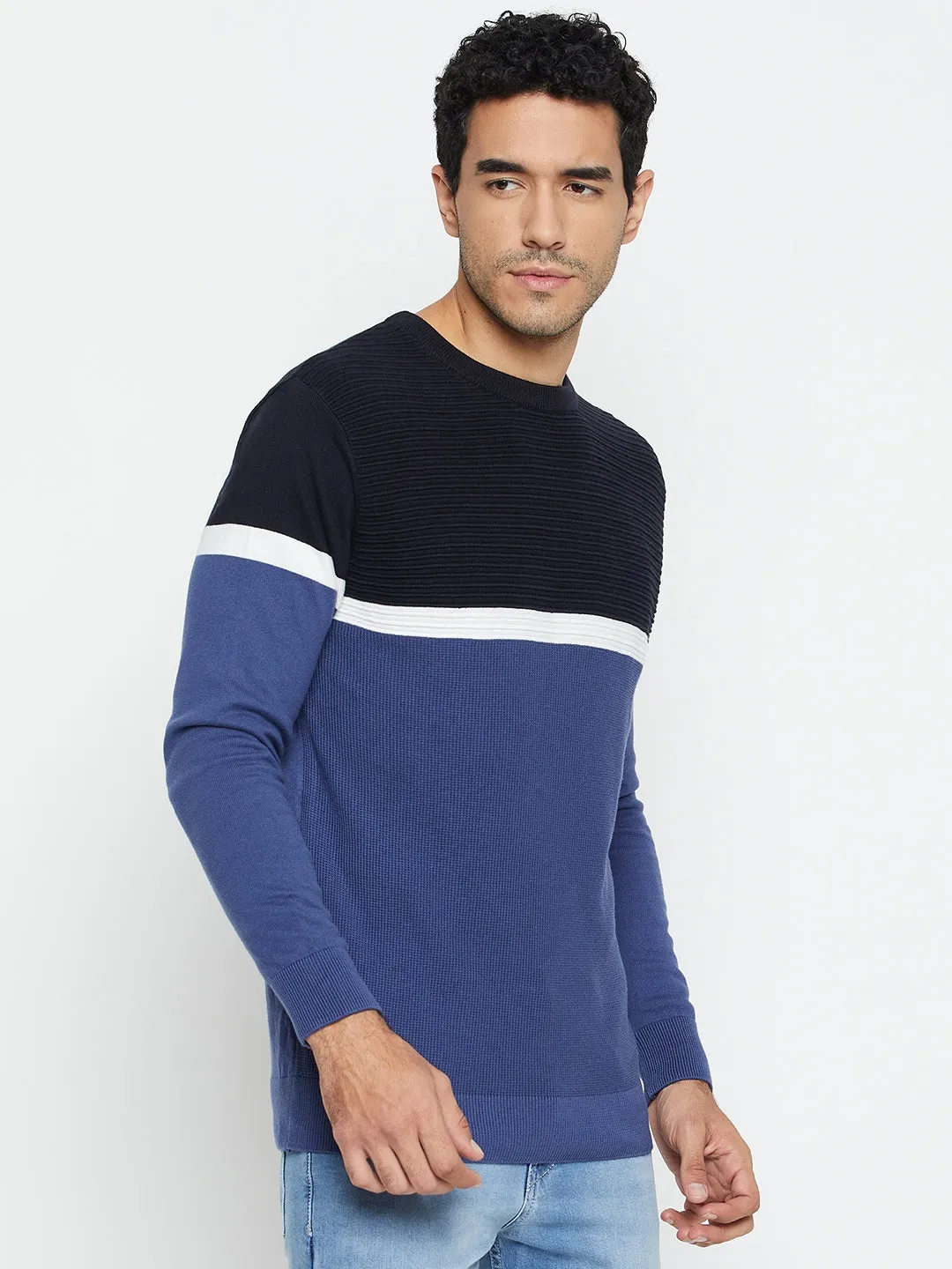 Color Block Blue Full Sleeves Round Neck Regular Fit Casual Sweater for Men