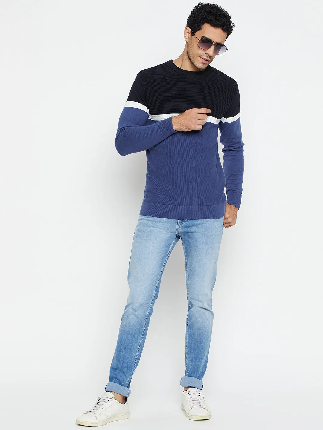 Color Block Blue Full Sleeves Round Neck Regular Fit Casual Sweater for Men