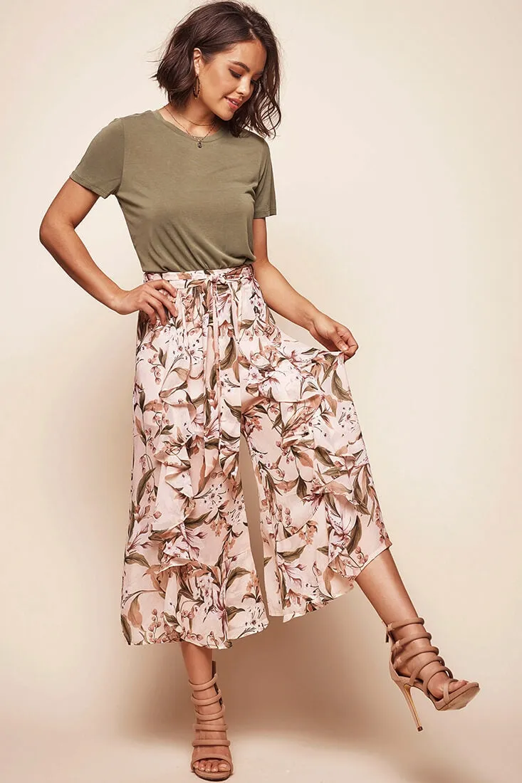 Constance Wide Leg Ruffle Pants Nude Print