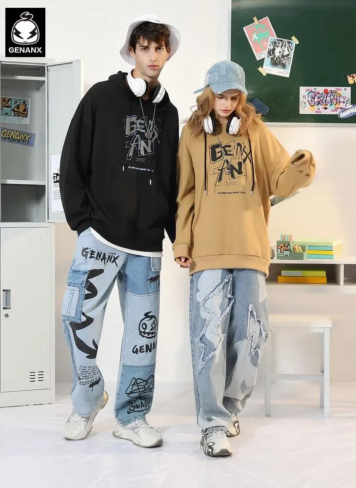 English Print Kangaroo Pocket Long Sleeved Hoodies