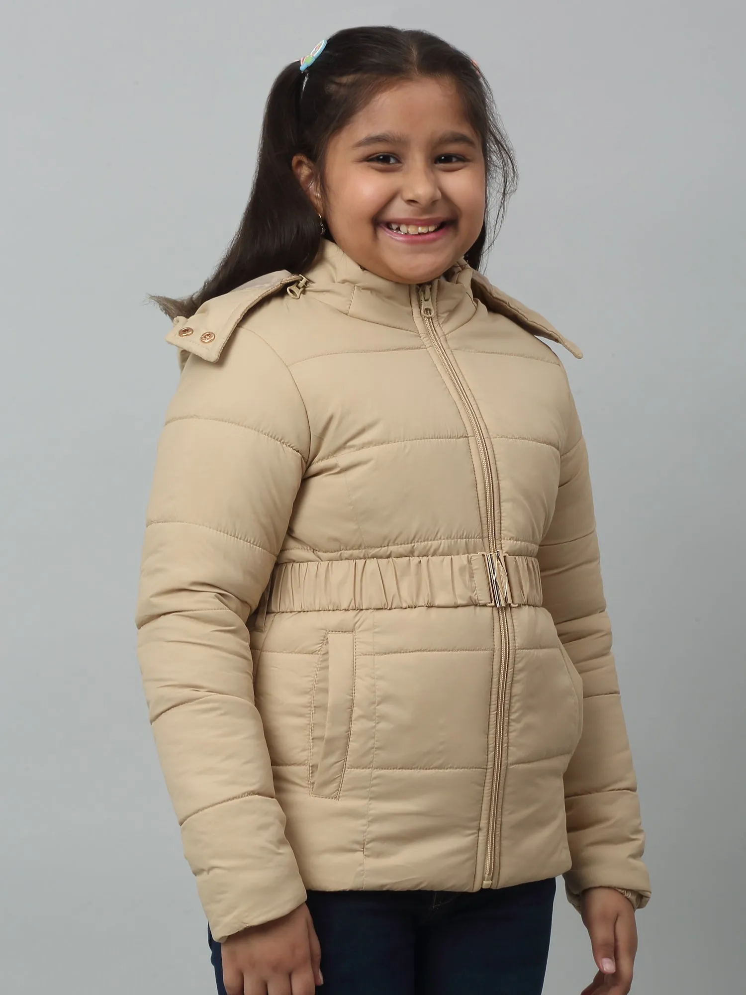 Girls Beige Hooded Jacket For Winter