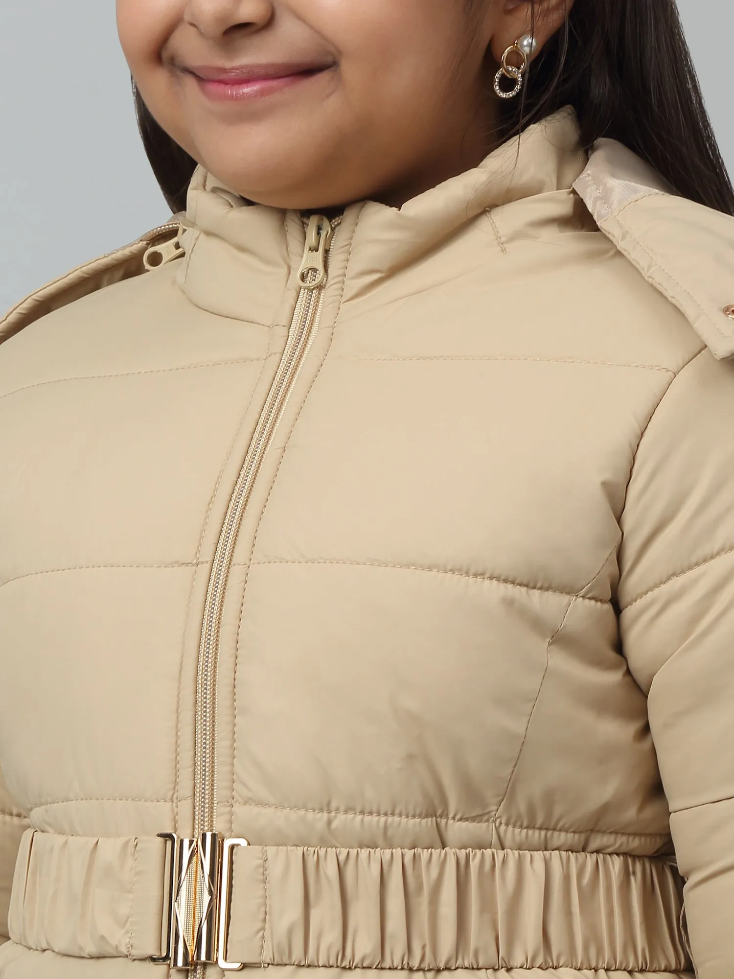 Girls Beige Hooded Jacket For Winter