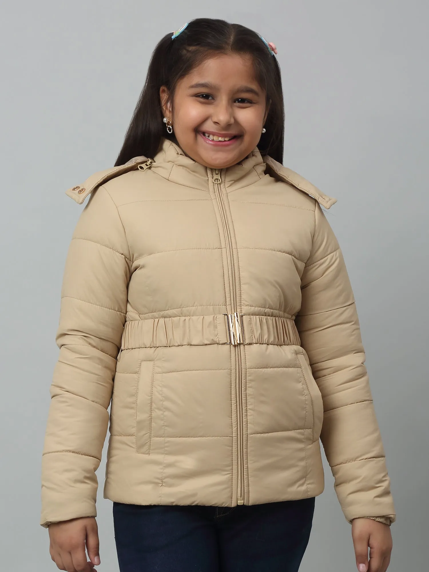 Girls Beige Hooded Jacket For Winter