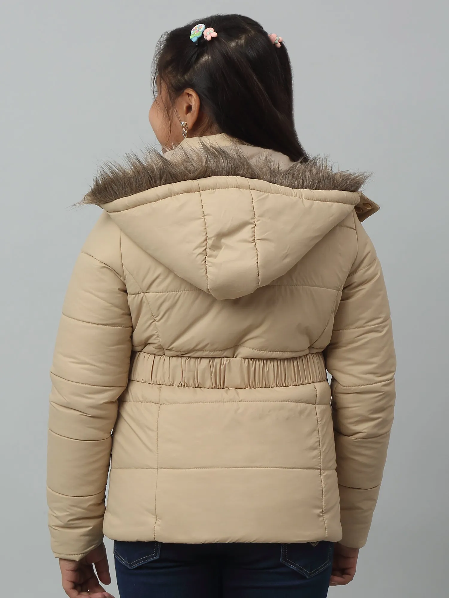 Girls Beige Hooded Jacket For Winter