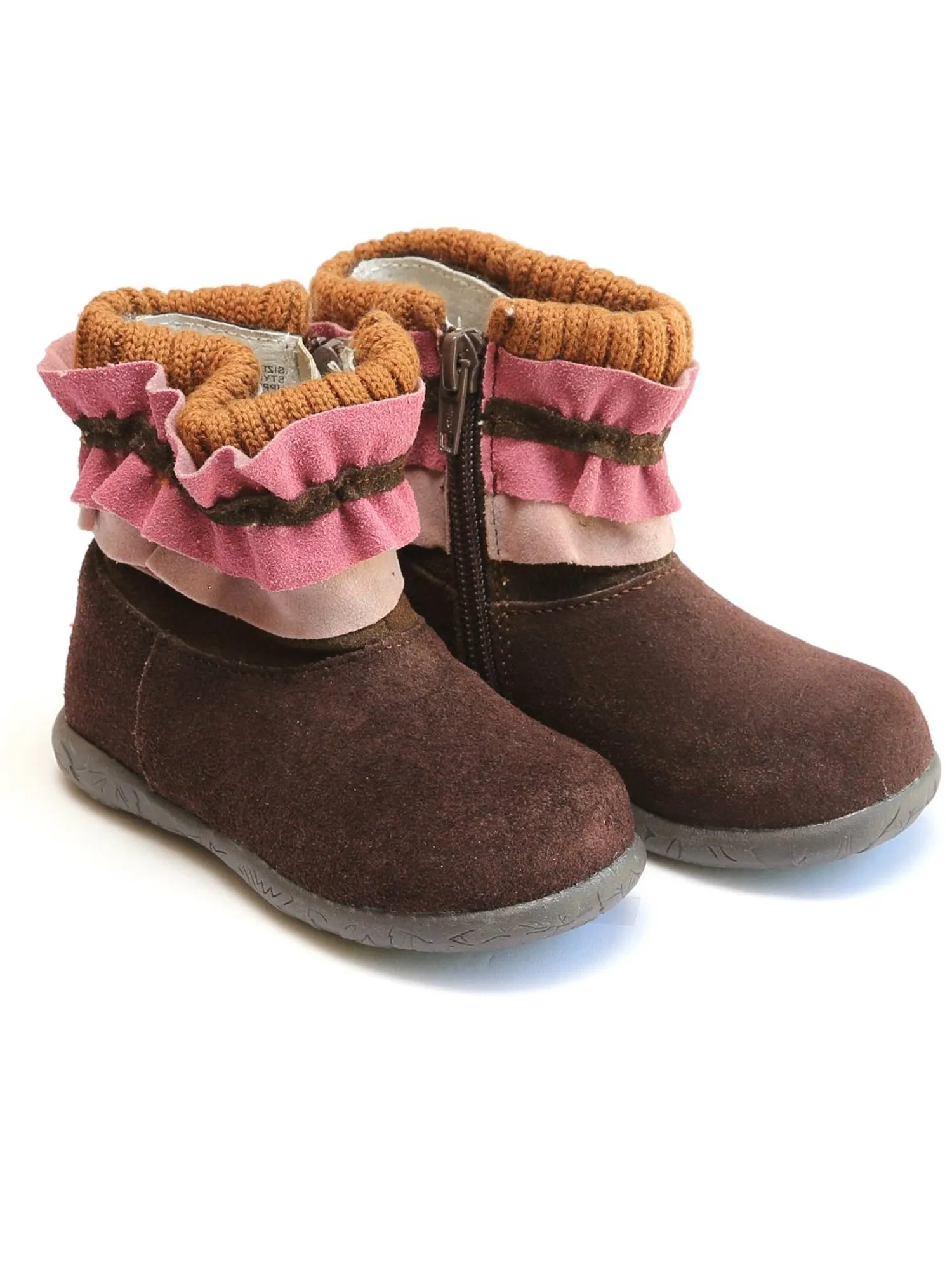 Girls Brown Rita Knit Collar Nubuck Leather Ruffle Boots, Sizes 11-12 Kids