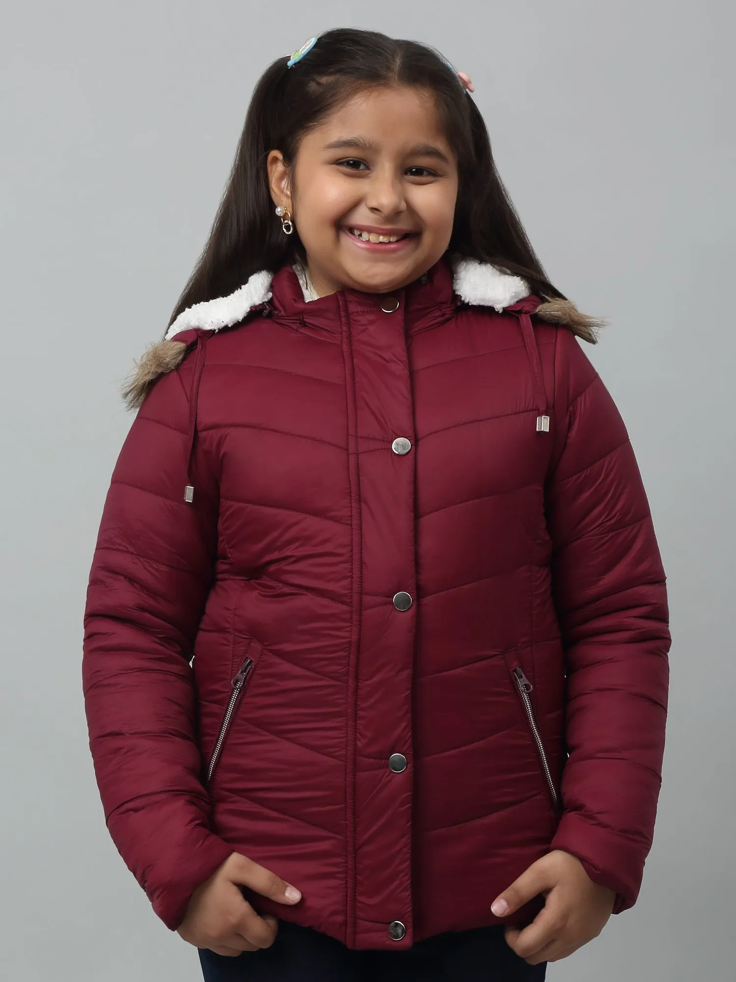 Girls Maroon Hooded Jacket For Winter