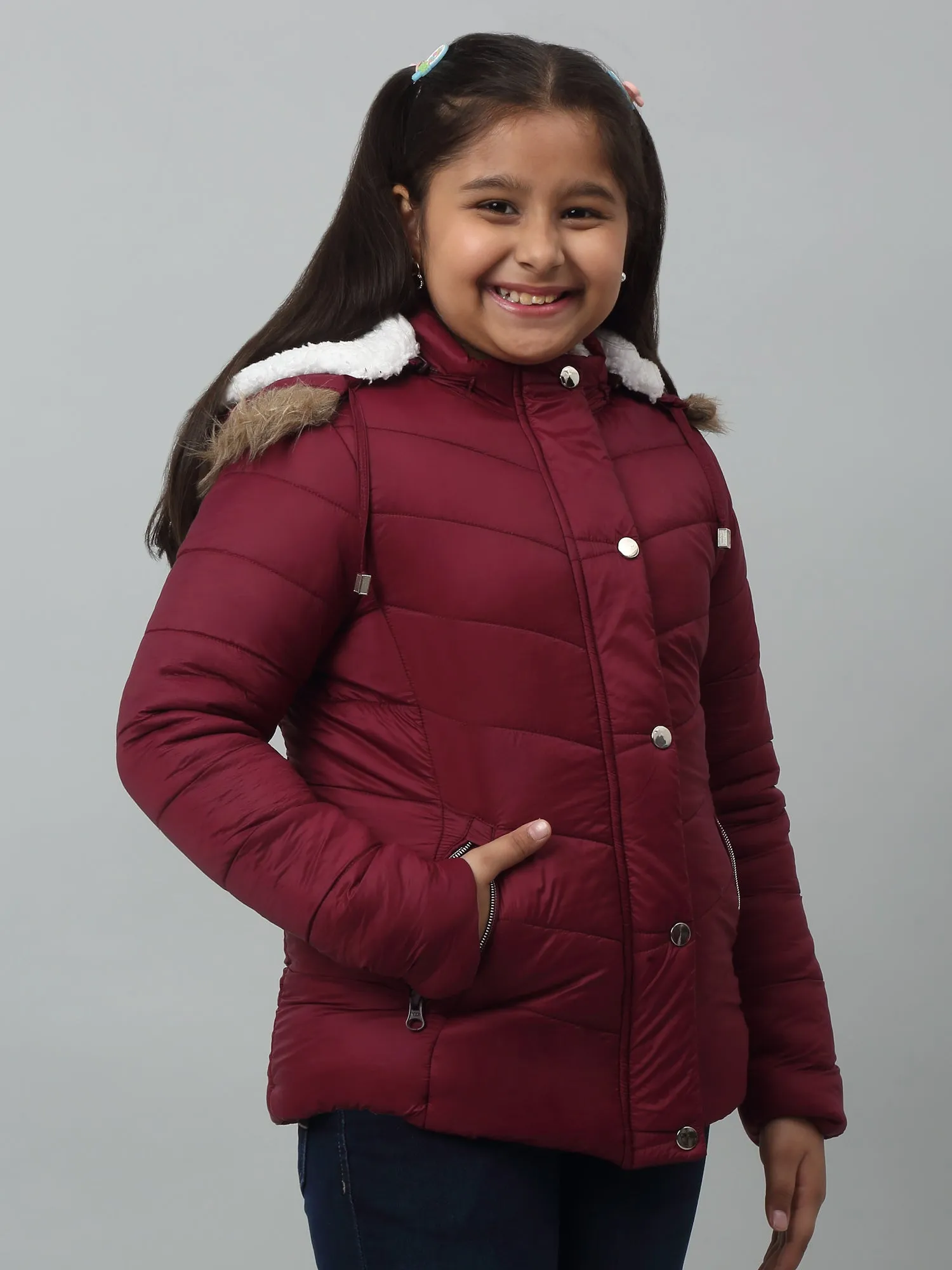 Girls Maroon Hooded Jacket For Winter