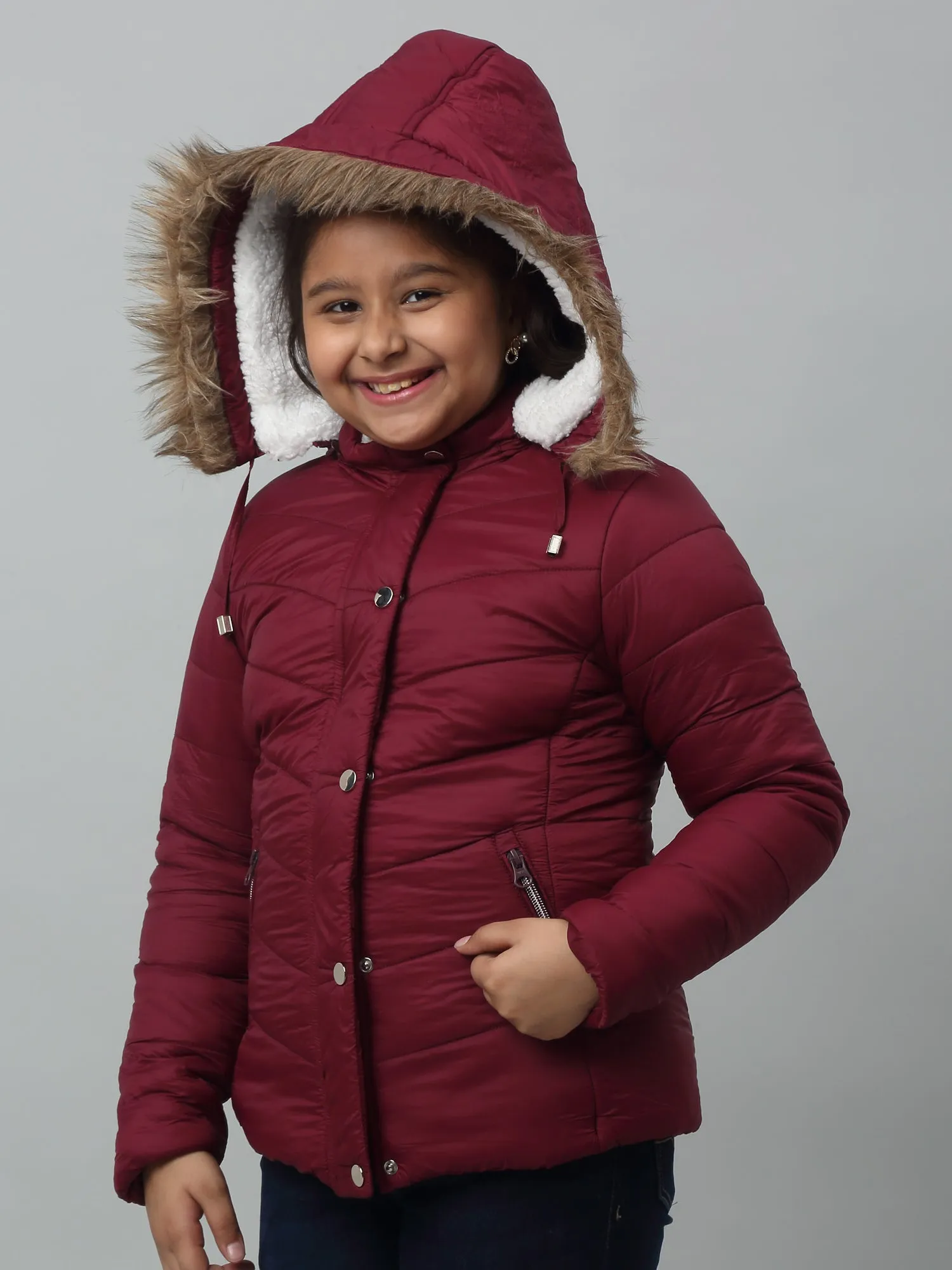 Girls Maroon Hooded Jacket For Winter