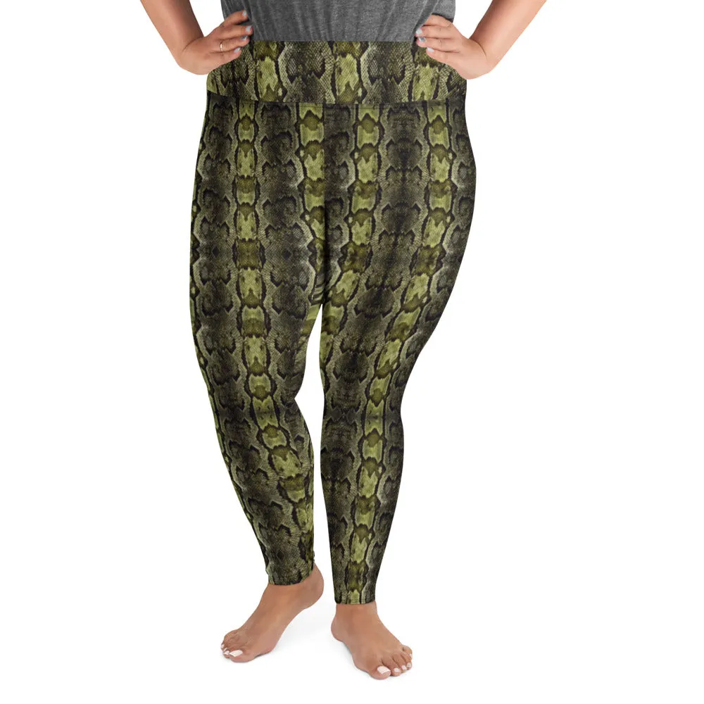 Green Snake Print Women's Tights, Best Snake Skin Print Plus Size Leggings For Ladies- Made in USA/EU/MX