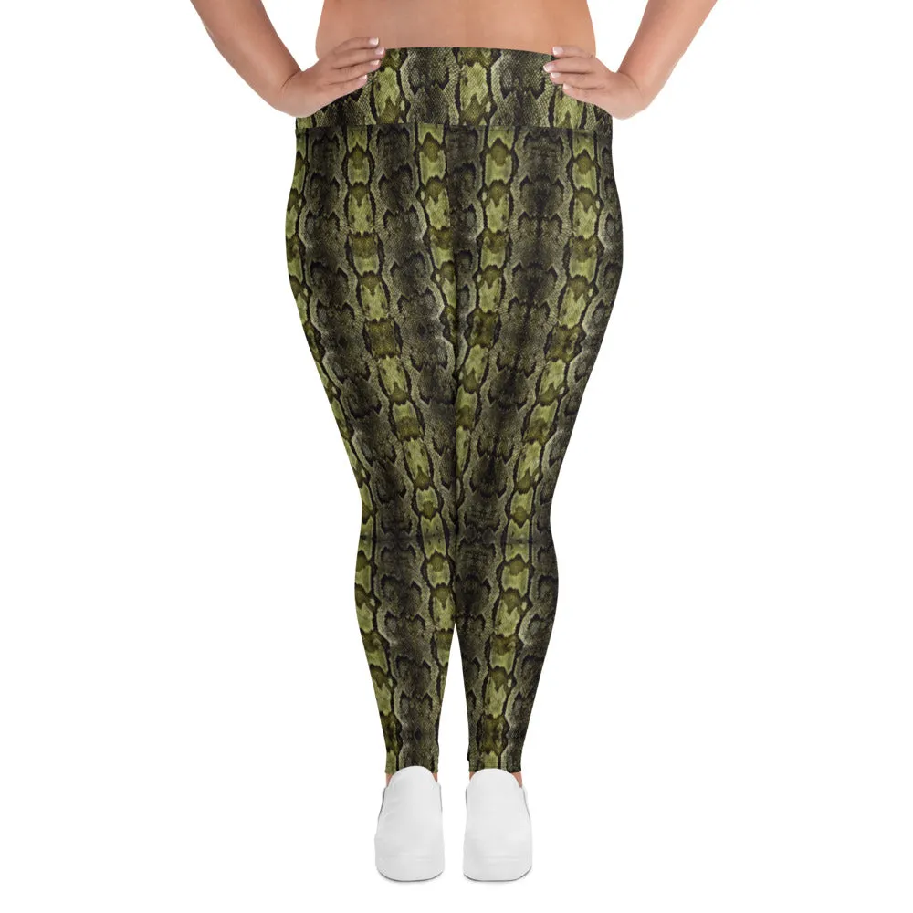 Green Snake Print Women's Tights, Best Snake Skin Print Plus Size Leggings For Ladies- Made in USA/EU/MX