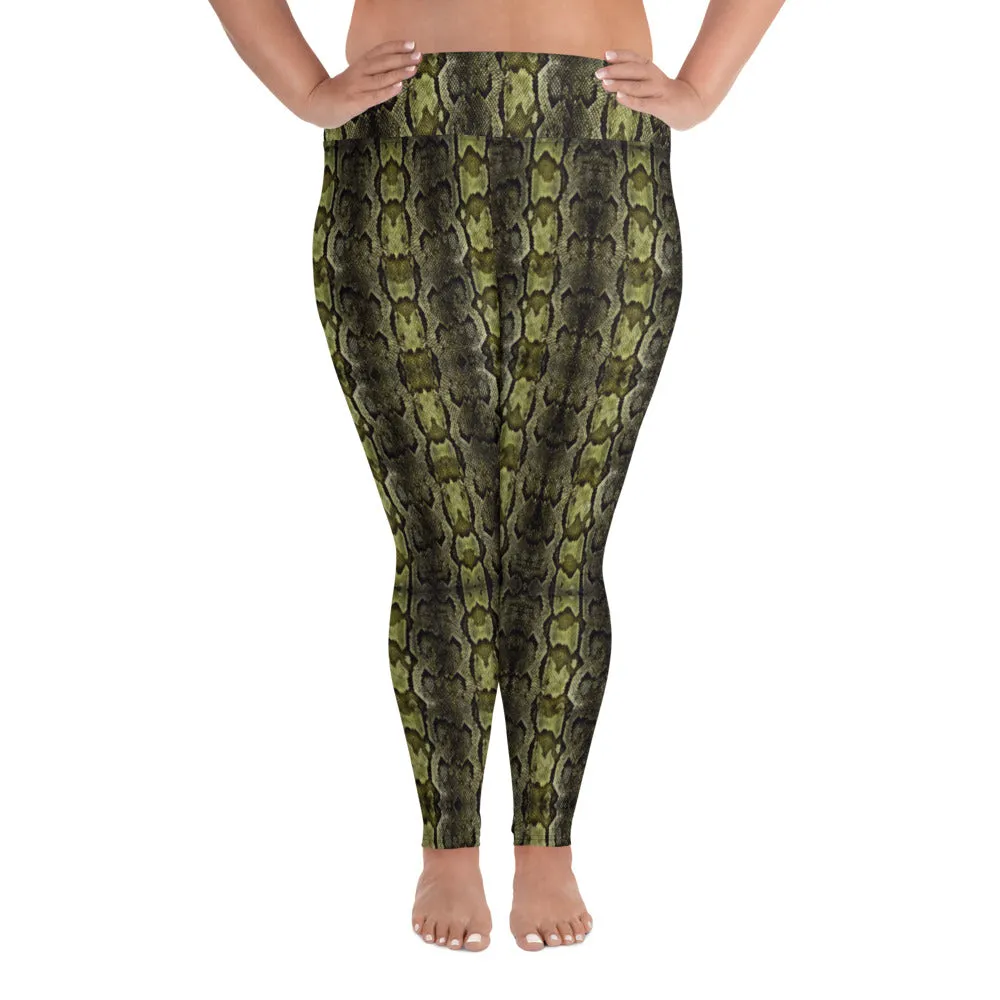 Green Snake Print Women's Tights, Best Snake Skin Print Plus Size Leggings For Ladies- Made in USA/EU/MX