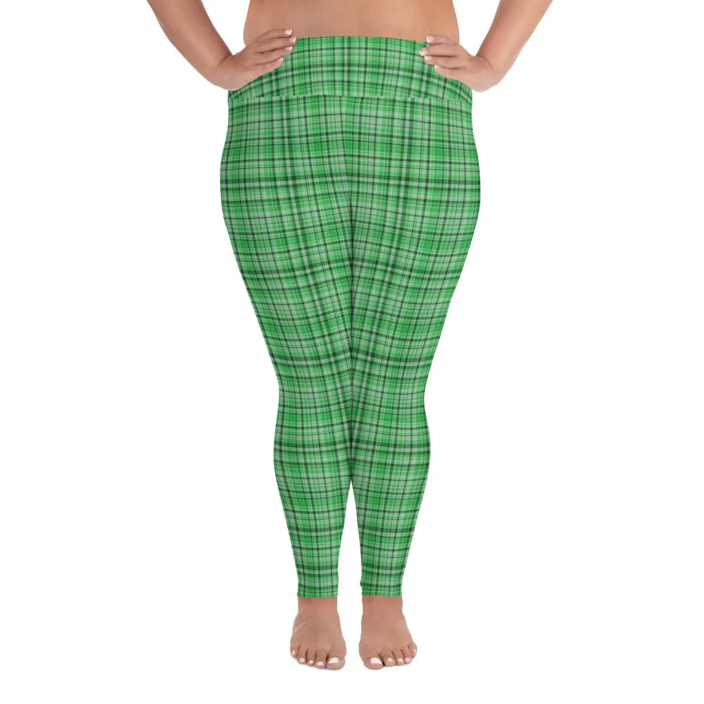 Green Tartan Plaid Print High Waist Elastic Women's Long Yoga Pants Leggings