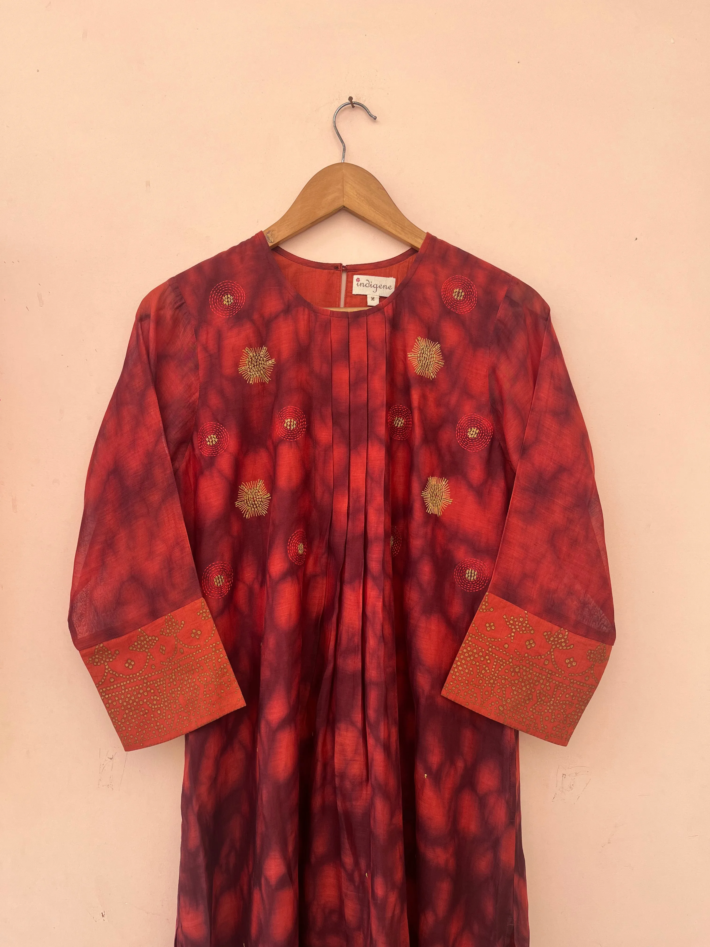 Hand tied dyed embroidered cotton classic kurta