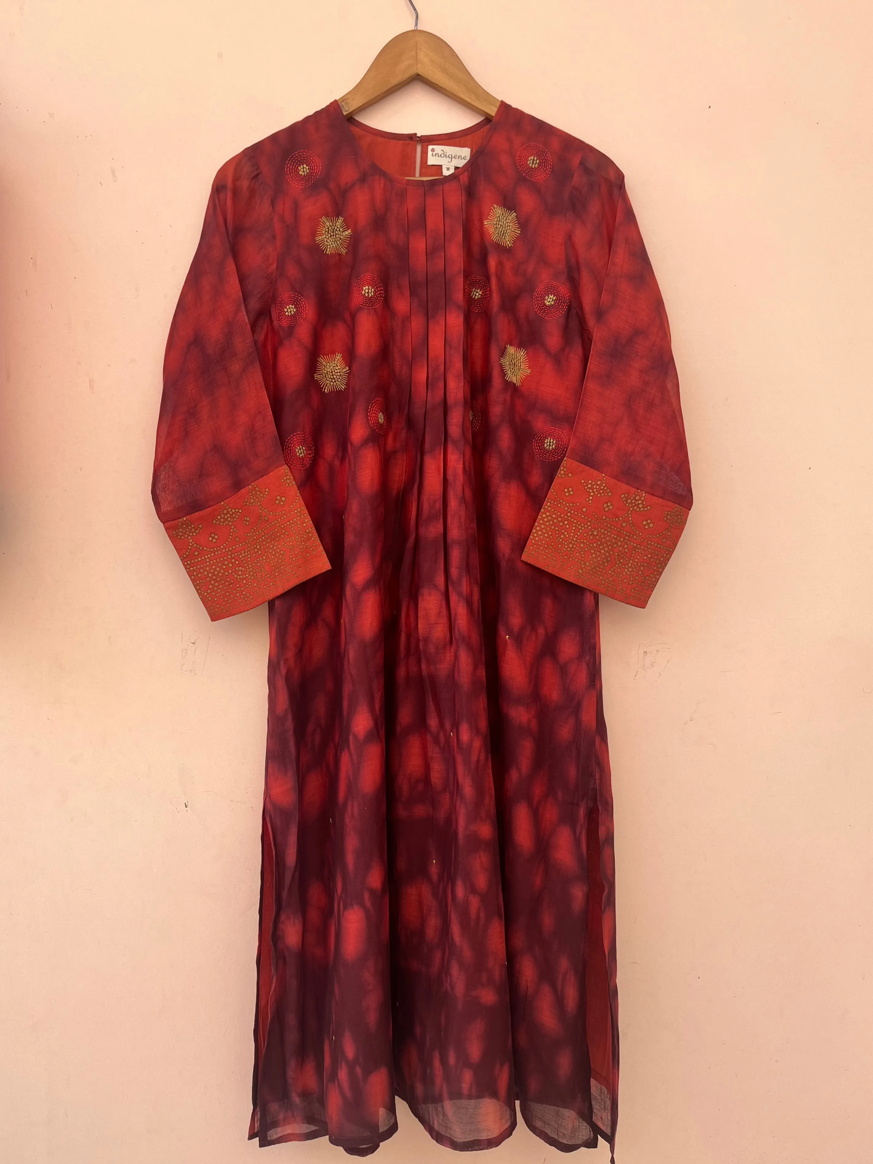 Hand tied dyed embroidered cotton classic kurta