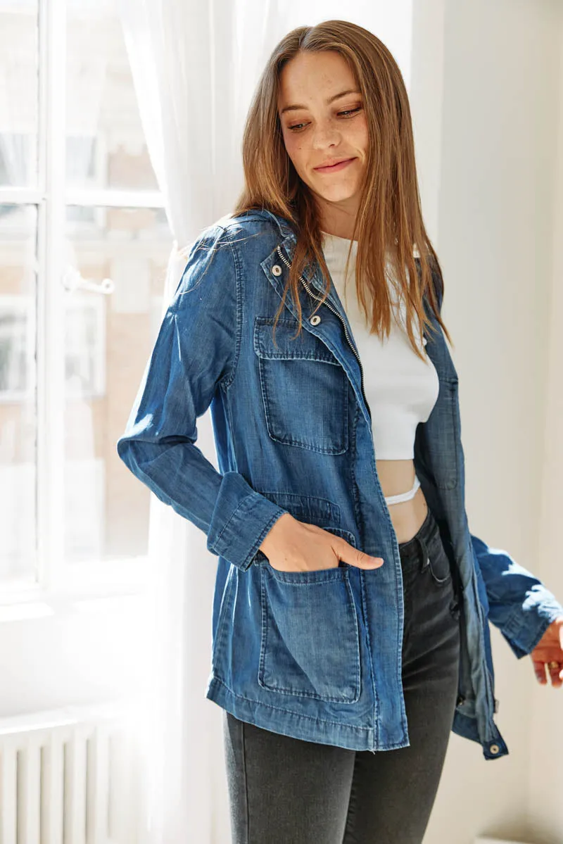 Hooded Chambray Utility  Denim Jacket