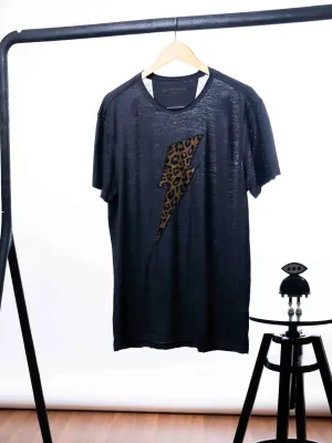 John Varvatos Charcoal Heather Raw Edge Cheetah Bolt Tee