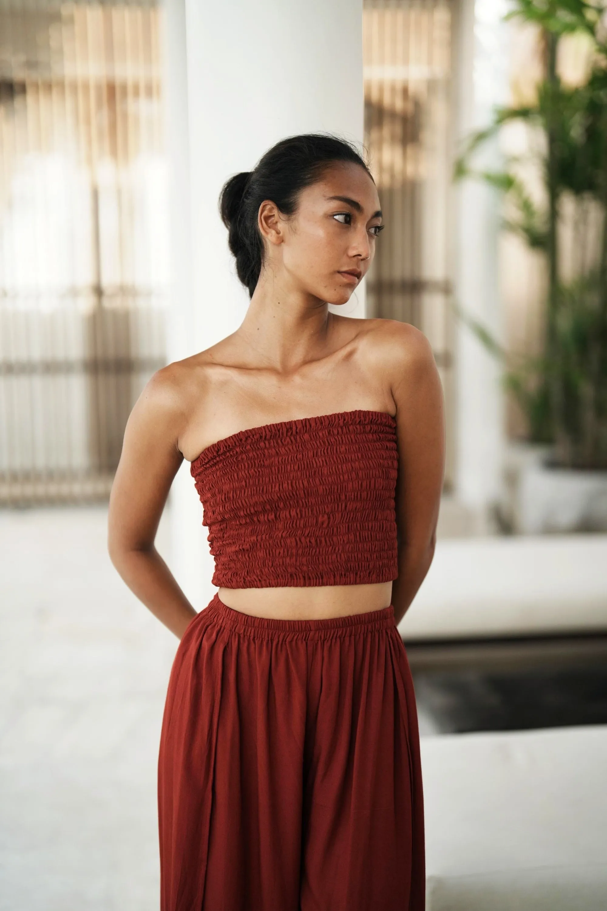 Judith Side Split Pants With Matching Tube Top Set in Maroon