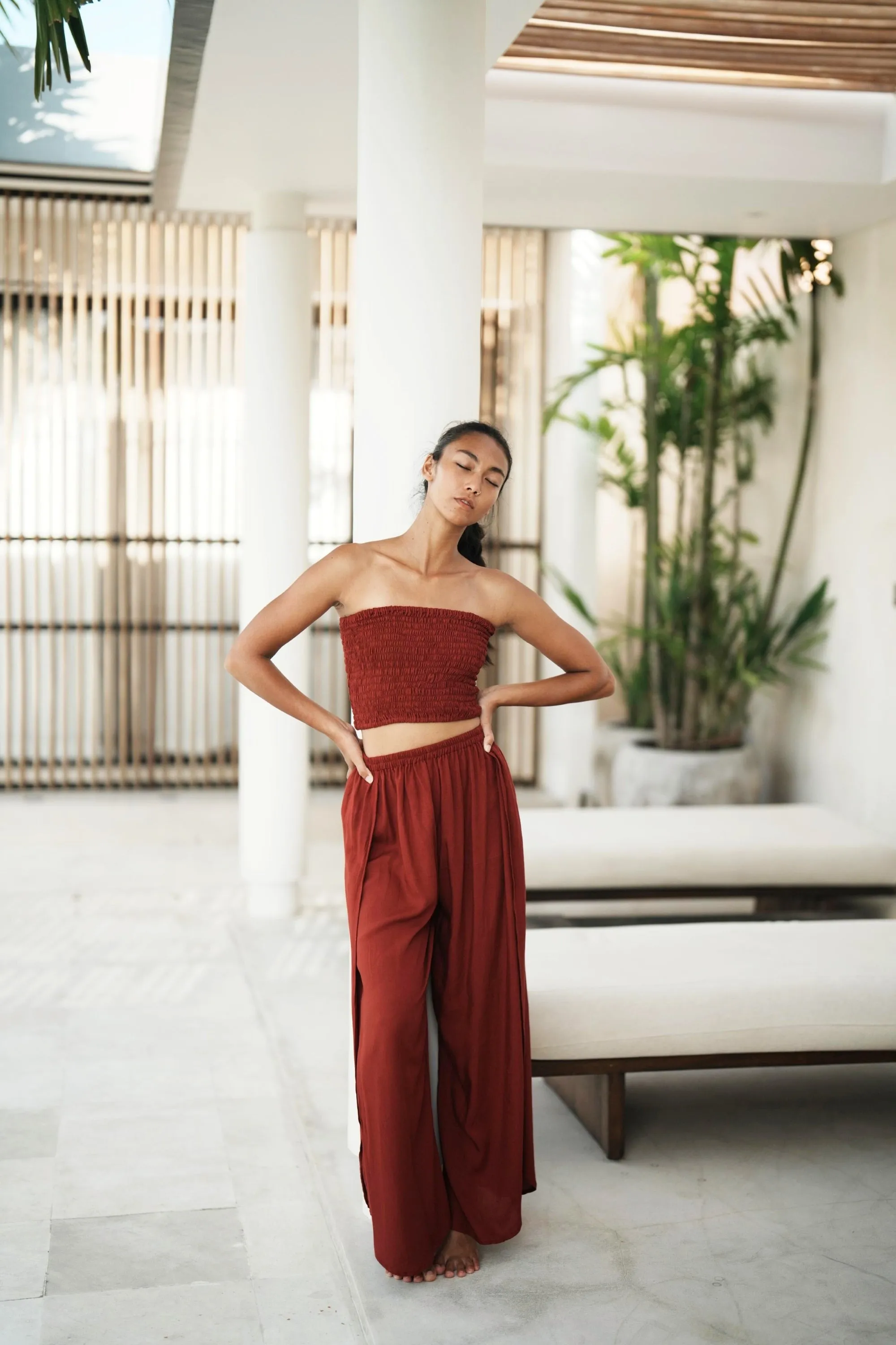 Judith Side Split Pants With Matching Tube Top Set in Maroon