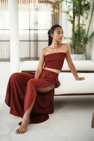 Judith Side Split Pants With Matching Tube Top Set in Maroon