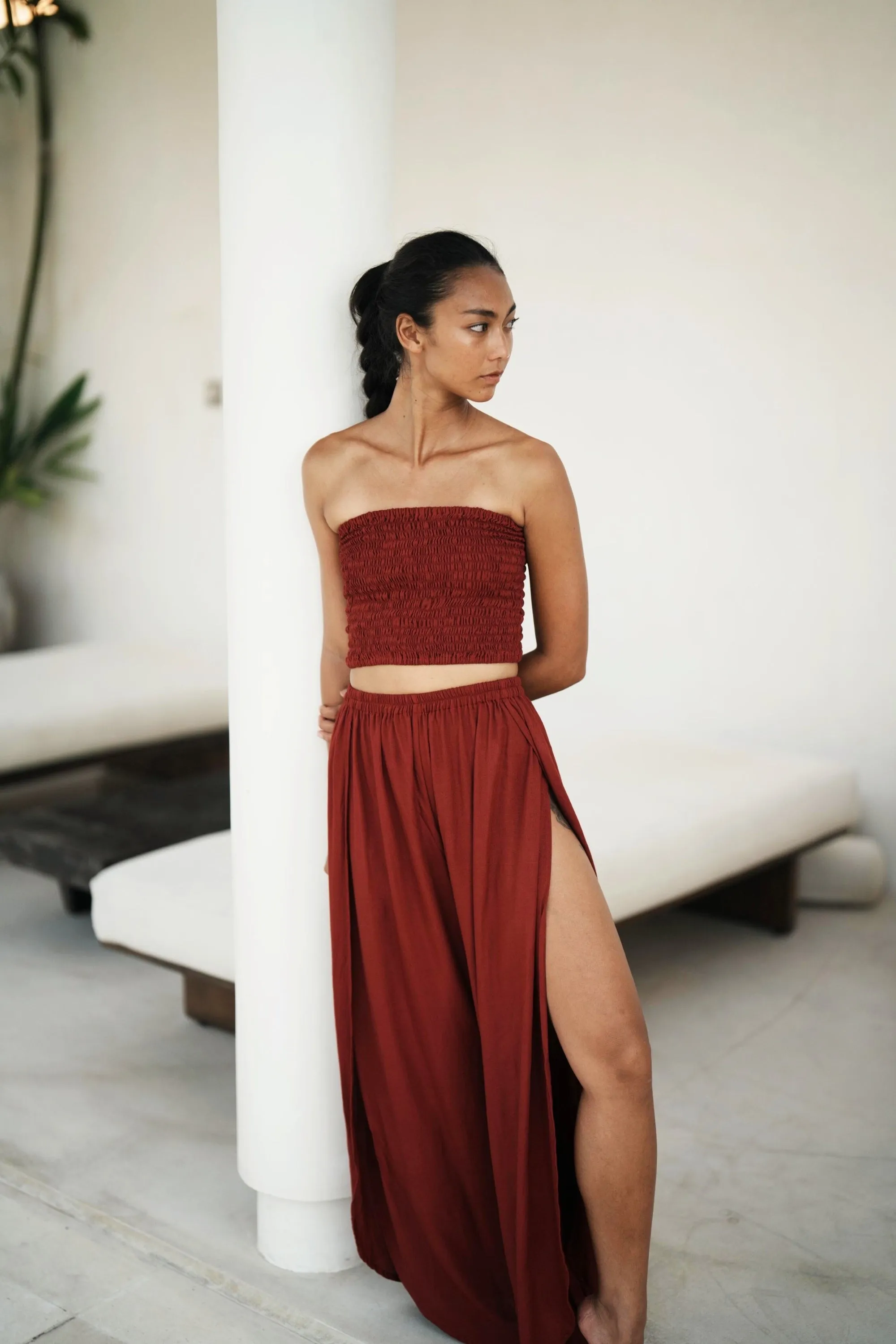 Judith Side Split Pants With Matching Tube Top Set in Maroon