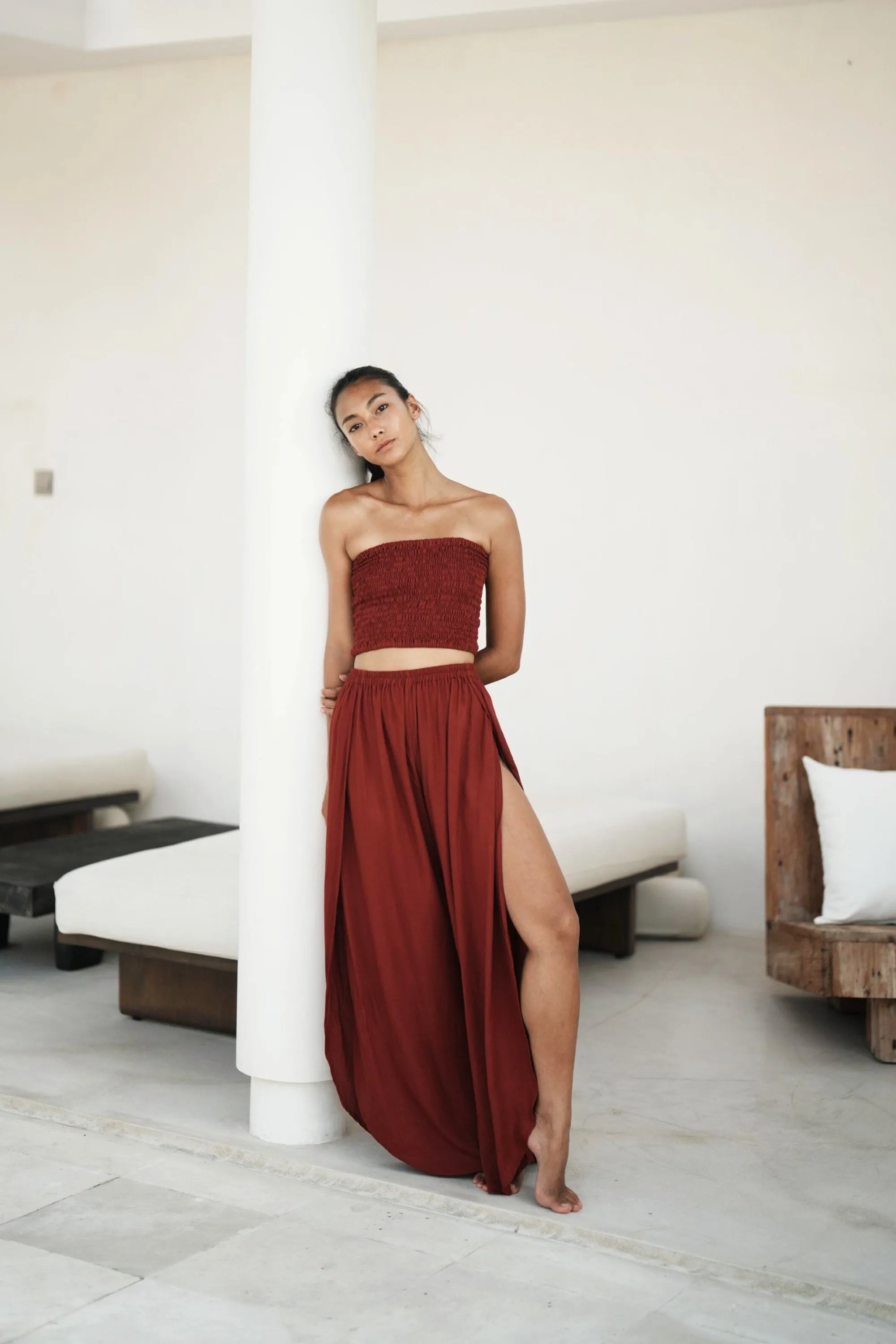 Judith Side Split Pants With Matching Tube Top Set in Maroon