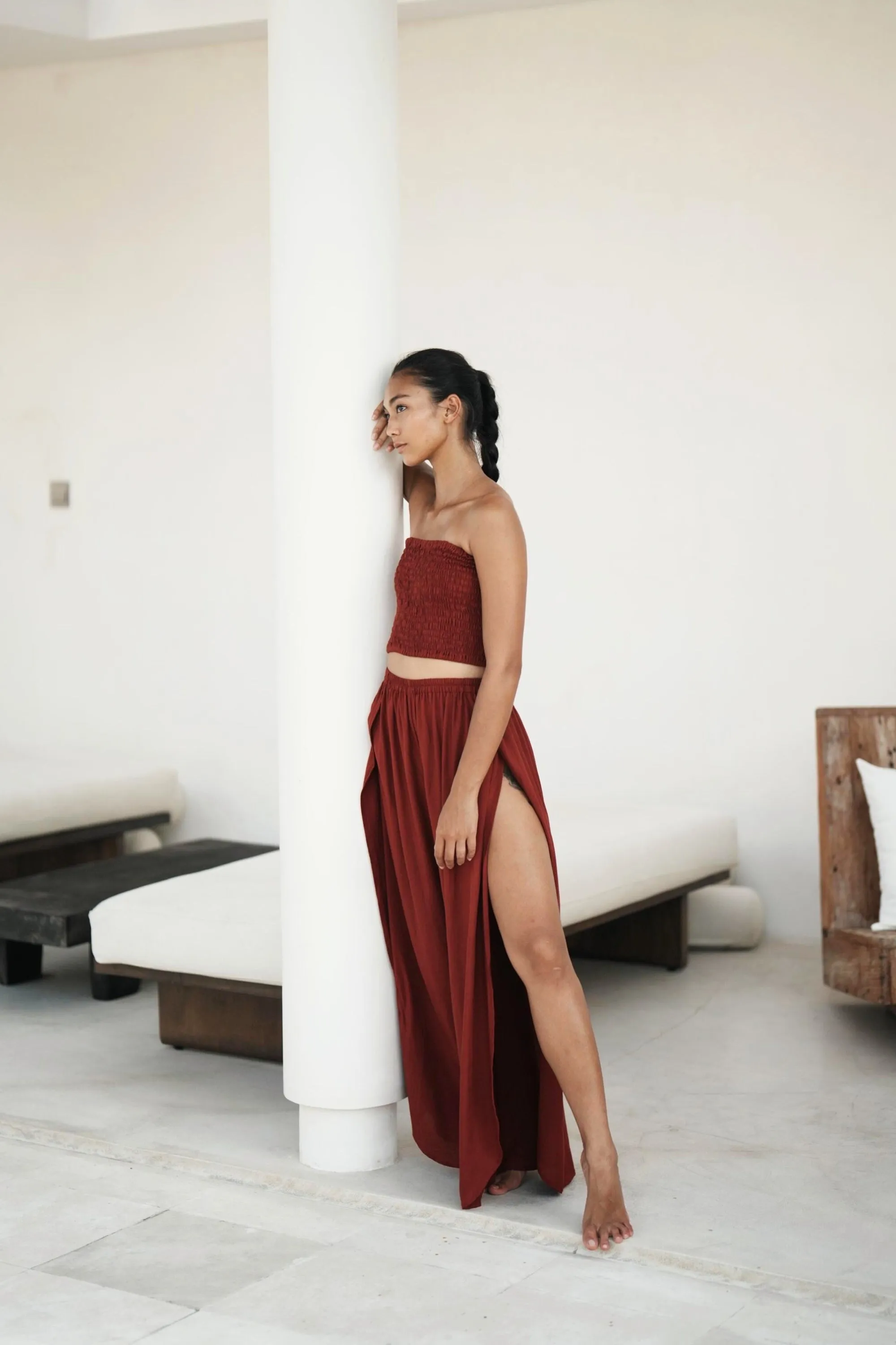 Judith Side Split Pants With Matching Tube Top Set in Maroon