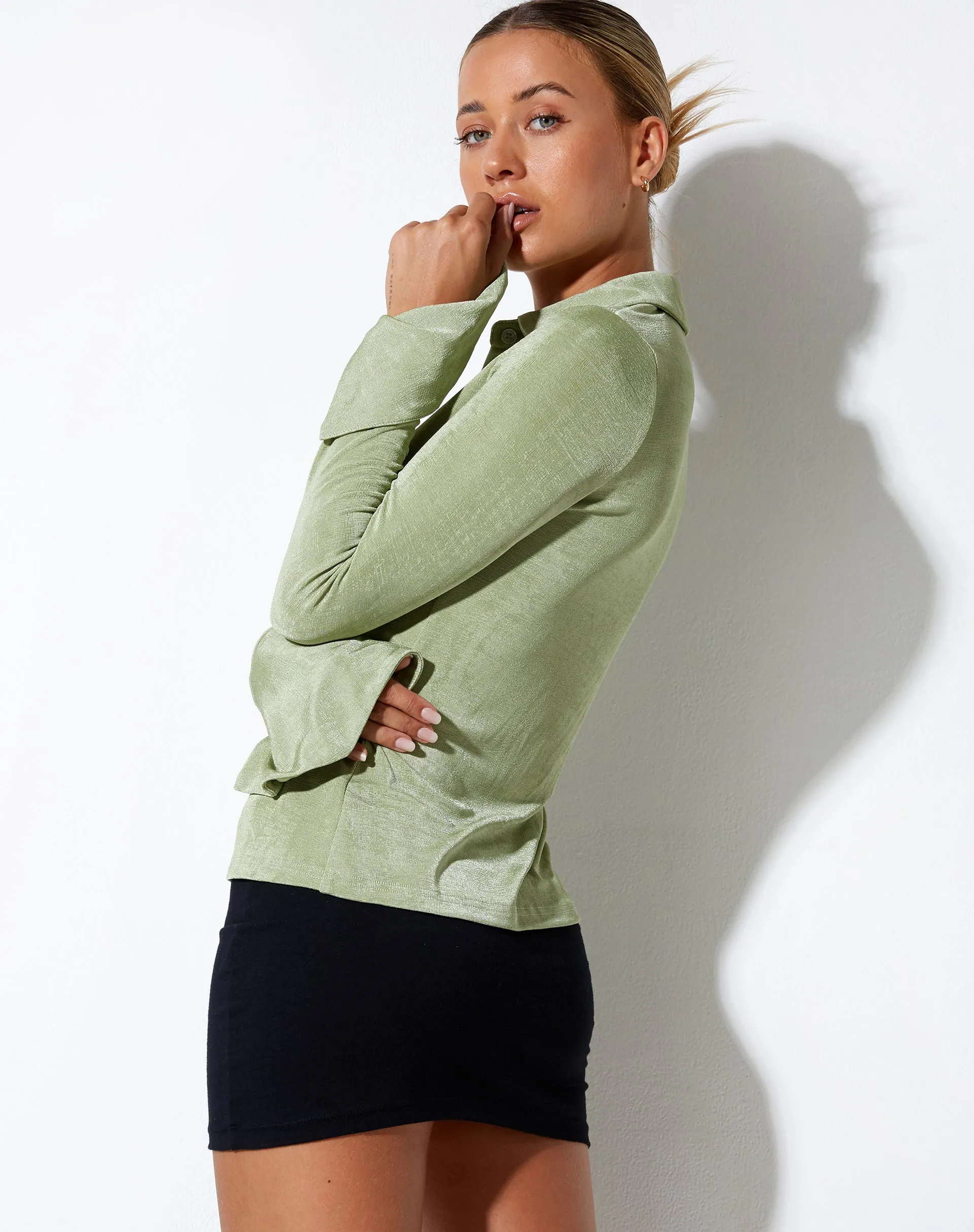 Keani Long Sleeve Shirt in Crepe Seafoam Green