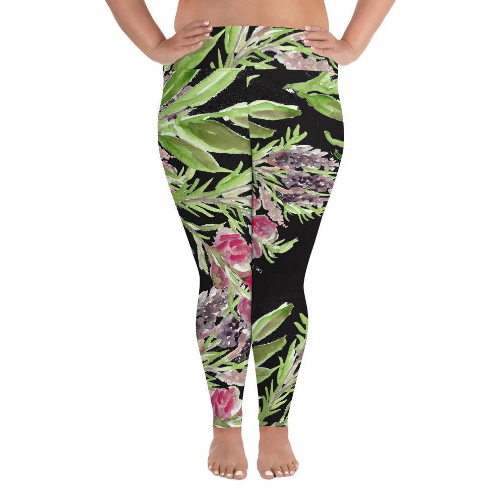 Lavender Plus Size Leggings, Black Floral Print Women's Long Yoga Pants-Made in USA/EU